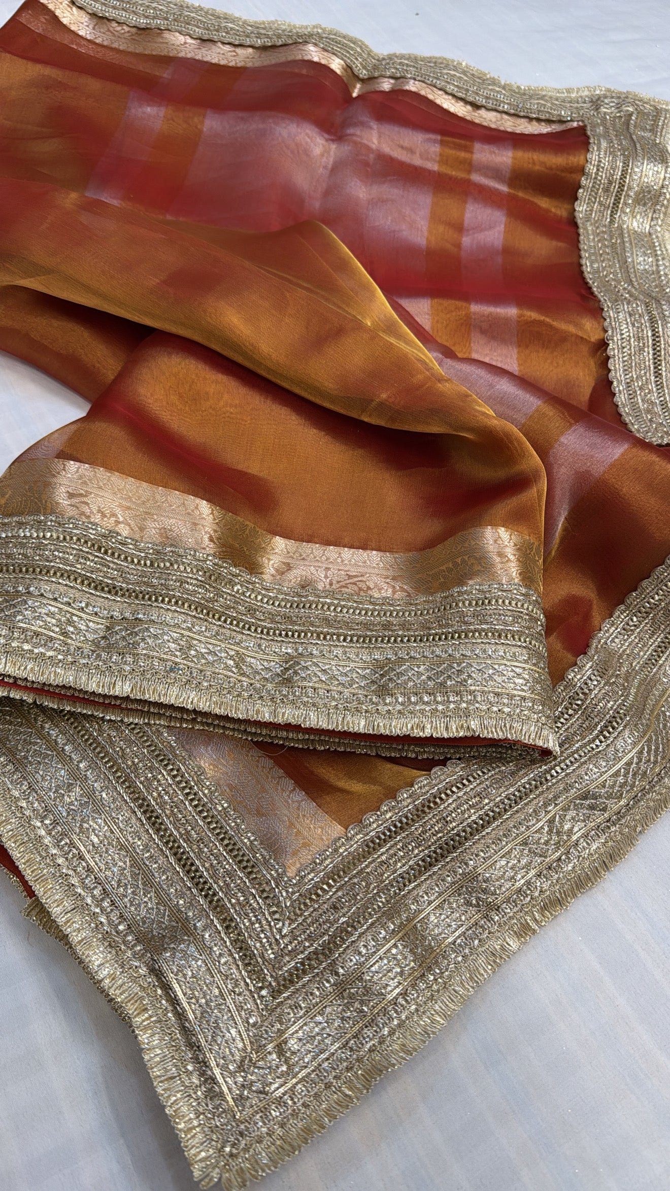 Maharani Fanta orange tissue silk kadhwa gotapatti saree