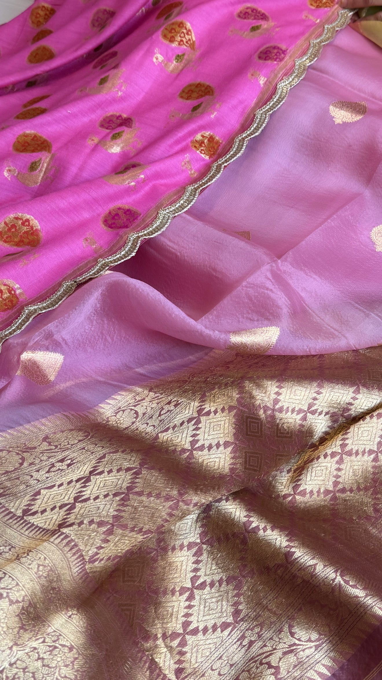 Kora silk chap dye contrast border kadhwa saree paired with moonga silk duppatas