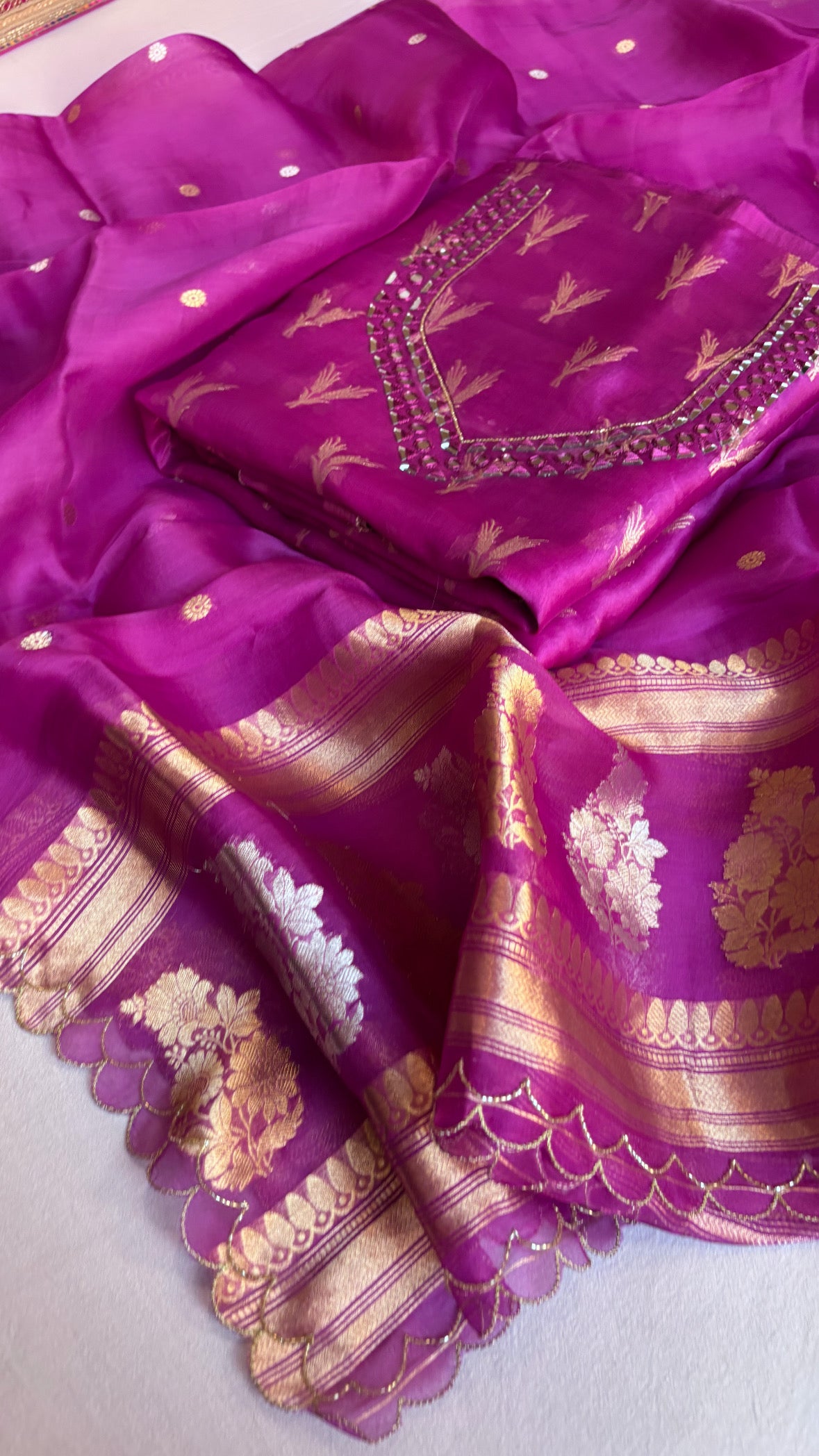 Banarasi purple kora silk hand embroidered kadhwa suit set
