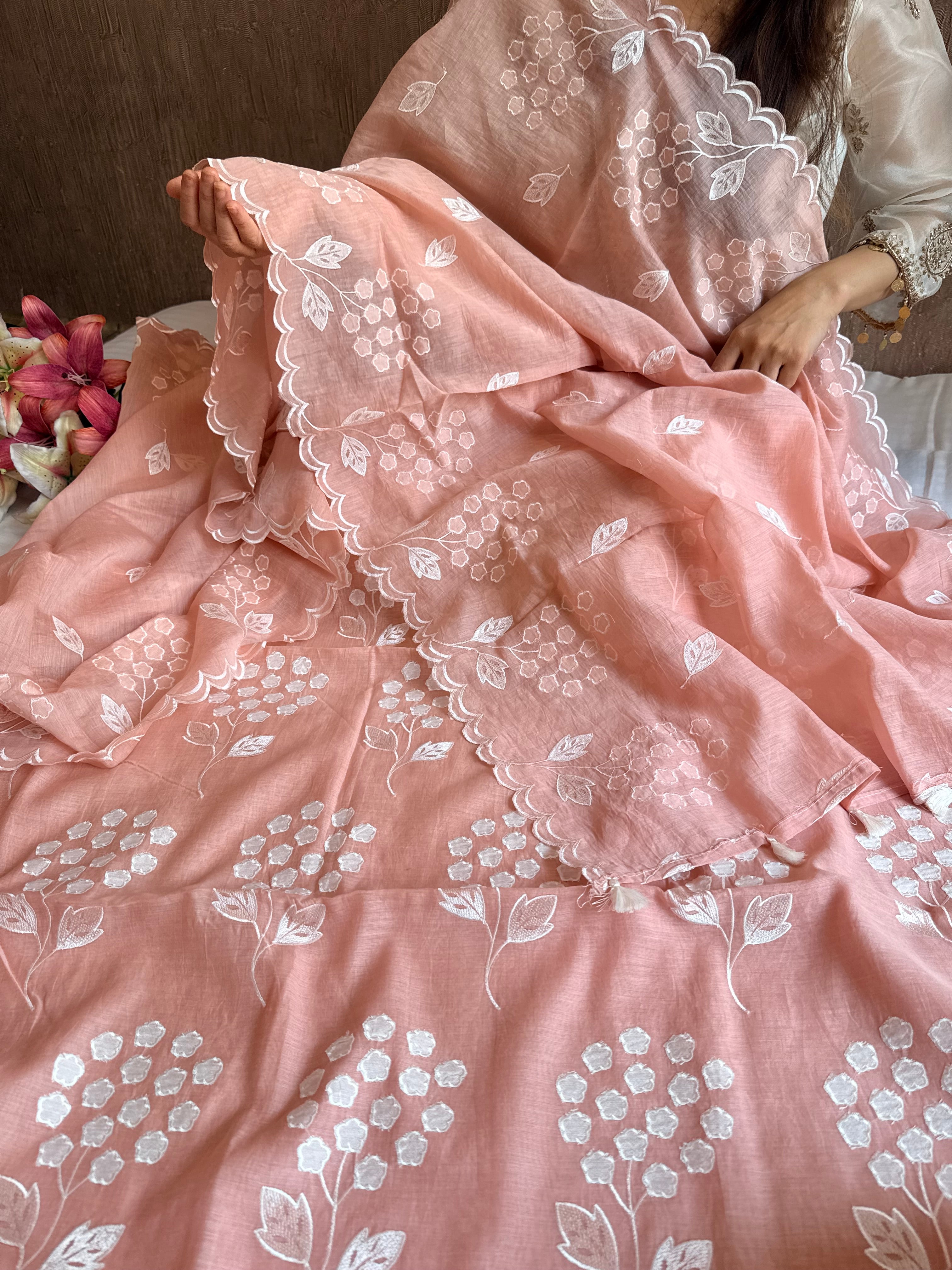 Alia bhatt inspired blush peach mulmul appliqué work suit set
