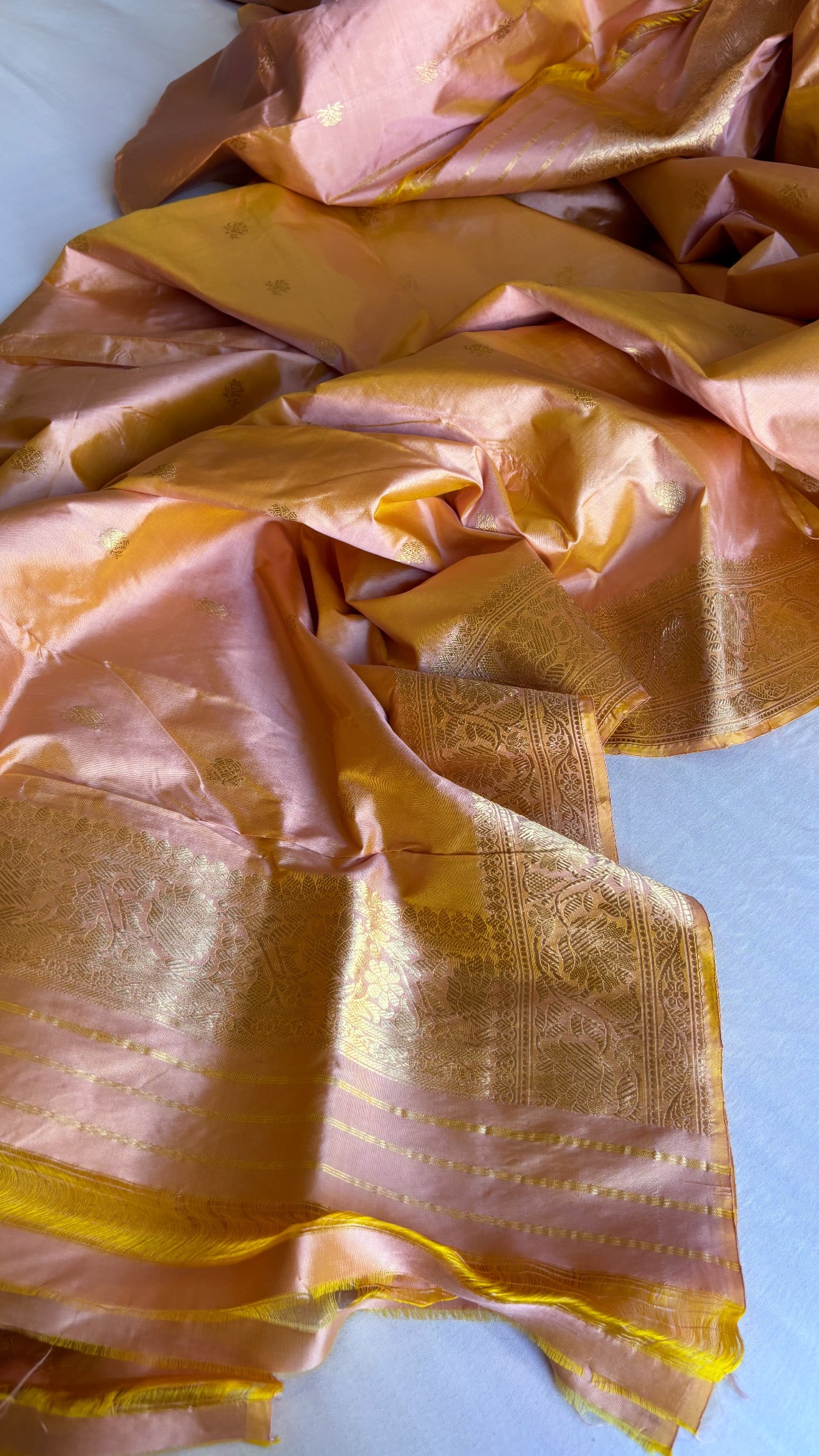 Banarasi nude rose pink katan silk kadhwa dhup chao effect suit set