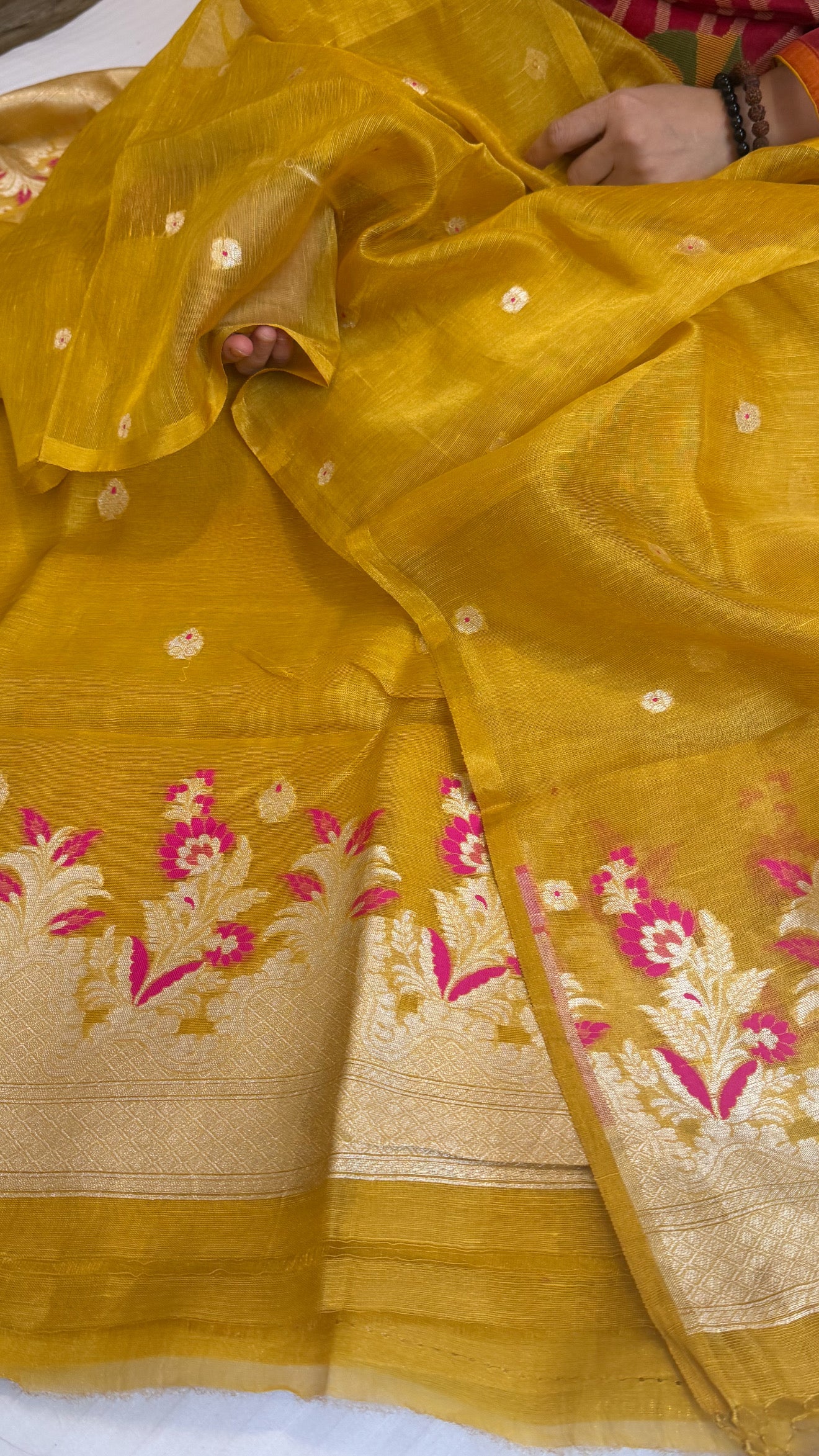 Linen tissue haldi gold meenakari kadhwa buti suit sets