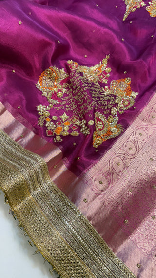 Phere wali saree - Magenta purplish-pink tissue silk “gayatri mantra” hand embroidered saree