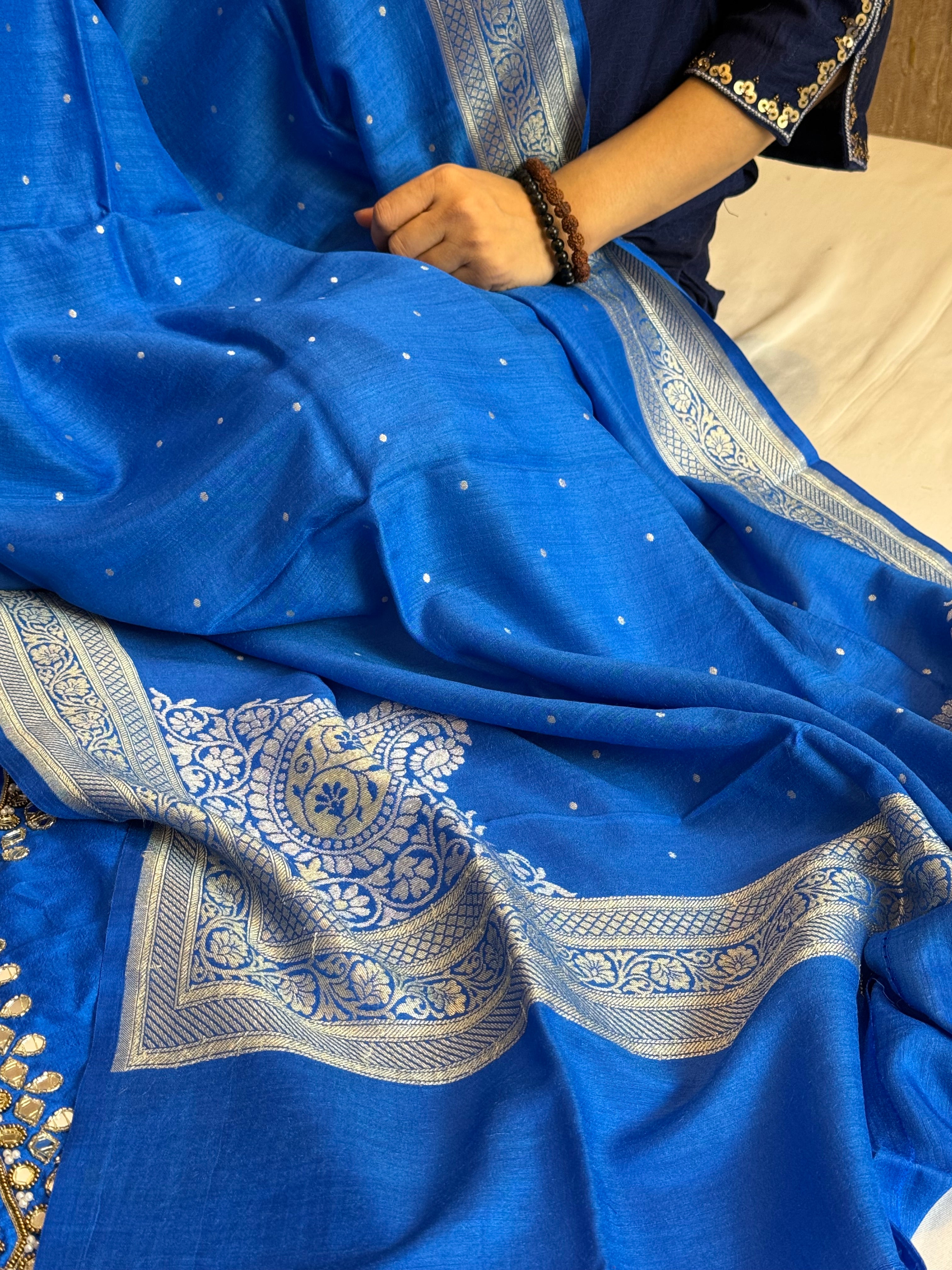 Sheesham ink blue mirror work hand embroidered katan silk suit set