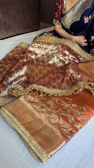 Husn tissue silk saree                     Maharani tissue silk is optional to add (Tick the box below and add to cart to add maharani duppata)