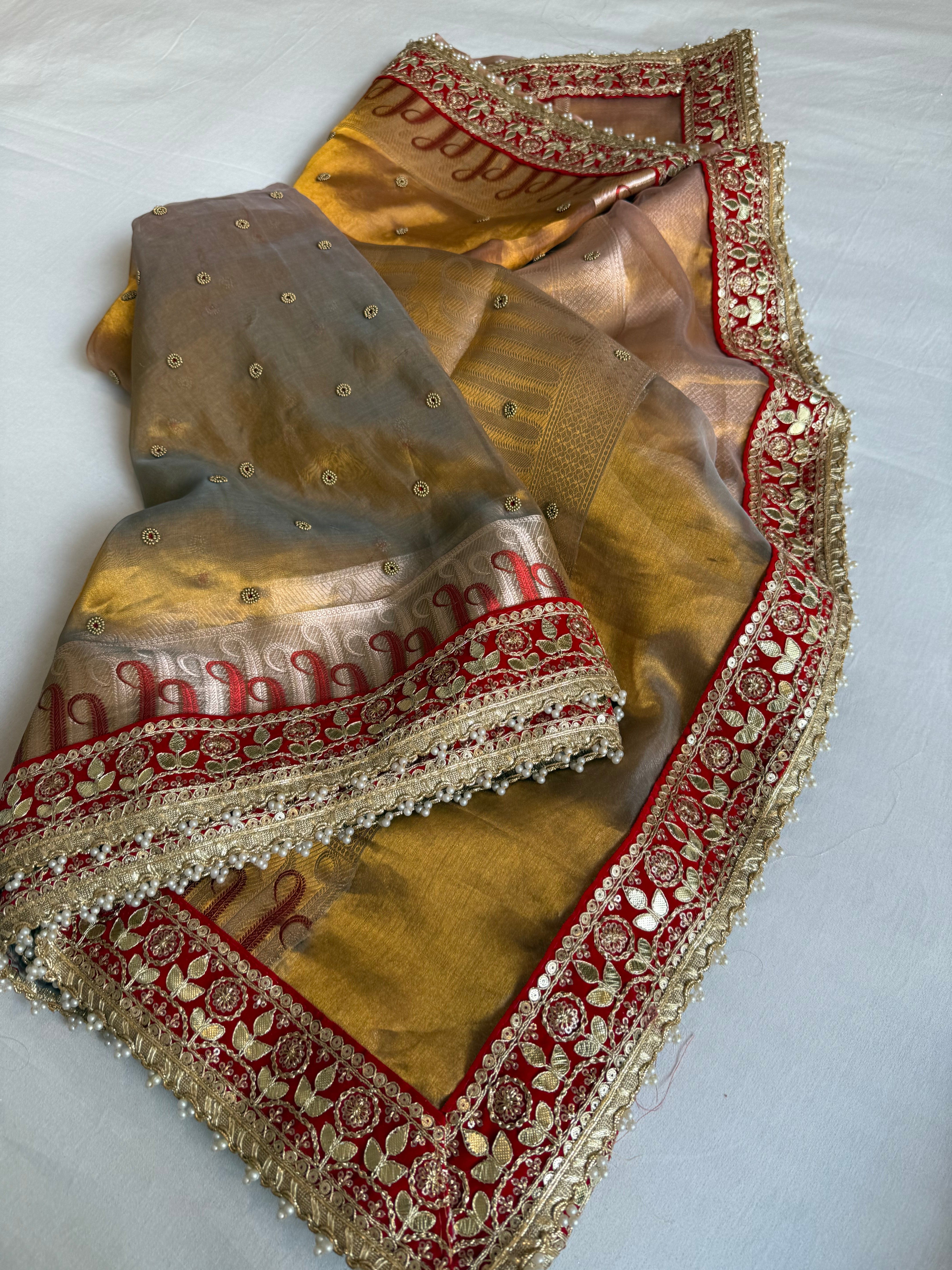 Kanjivaram gold tissue silk red meenakari hand embroidered kadhwa saree