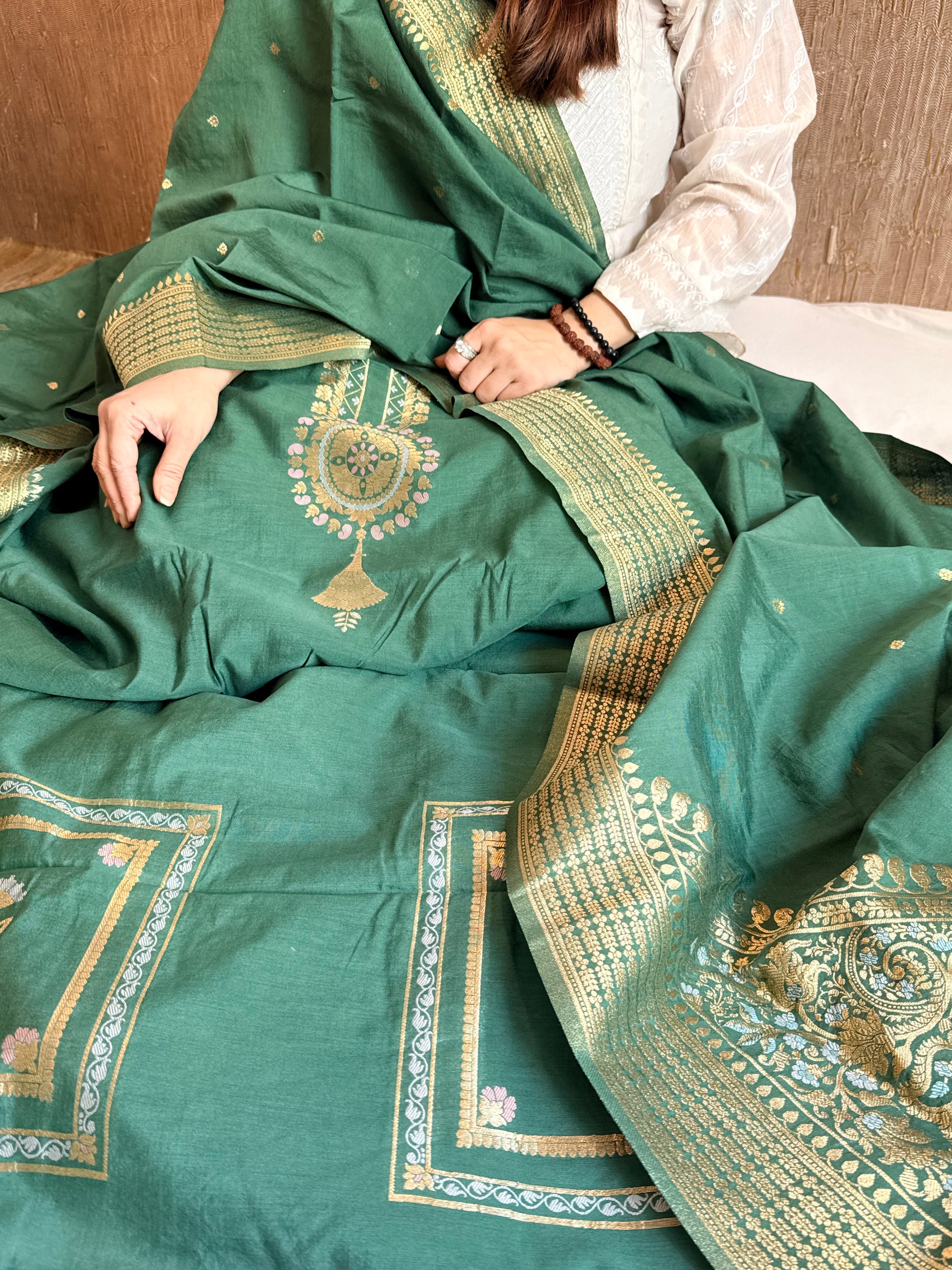 Below 10k - Mughal design inspired cotton silk banarasi suit set