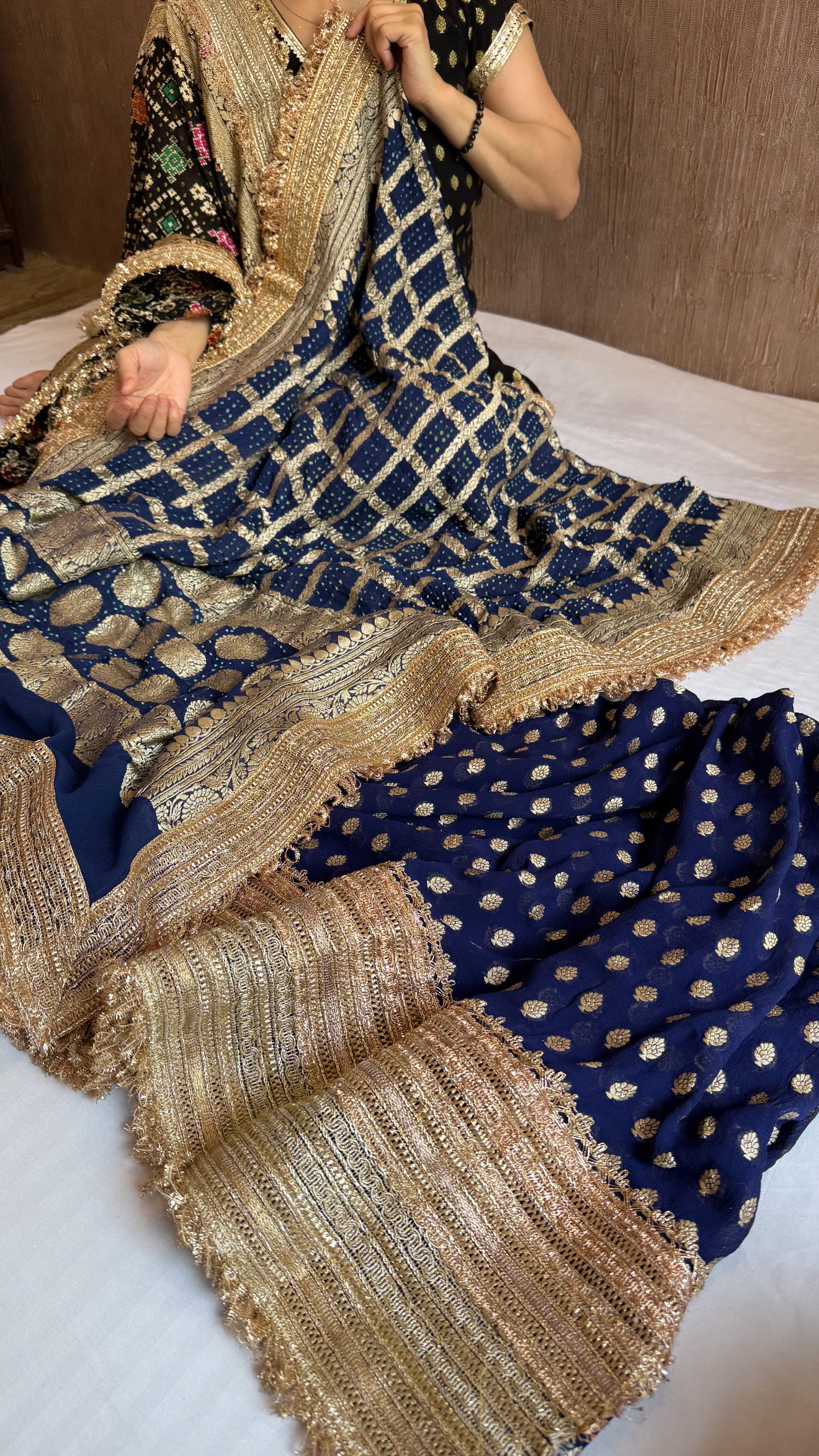 Navy blue banarasi rai bandhej gorgette gotapatti suit set