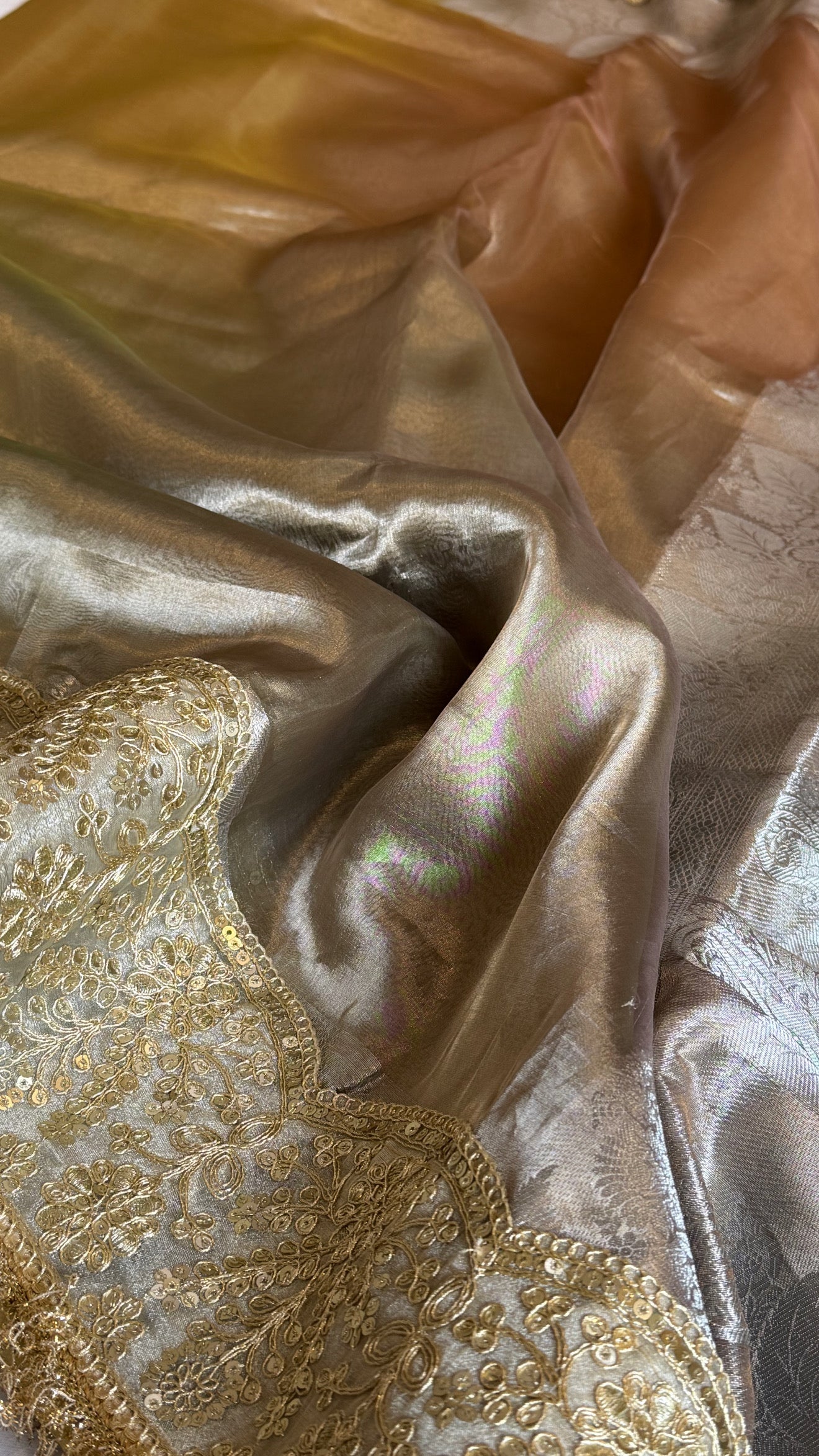 Earthy shades of rang birangi maharani tissue silk kadhwa saree