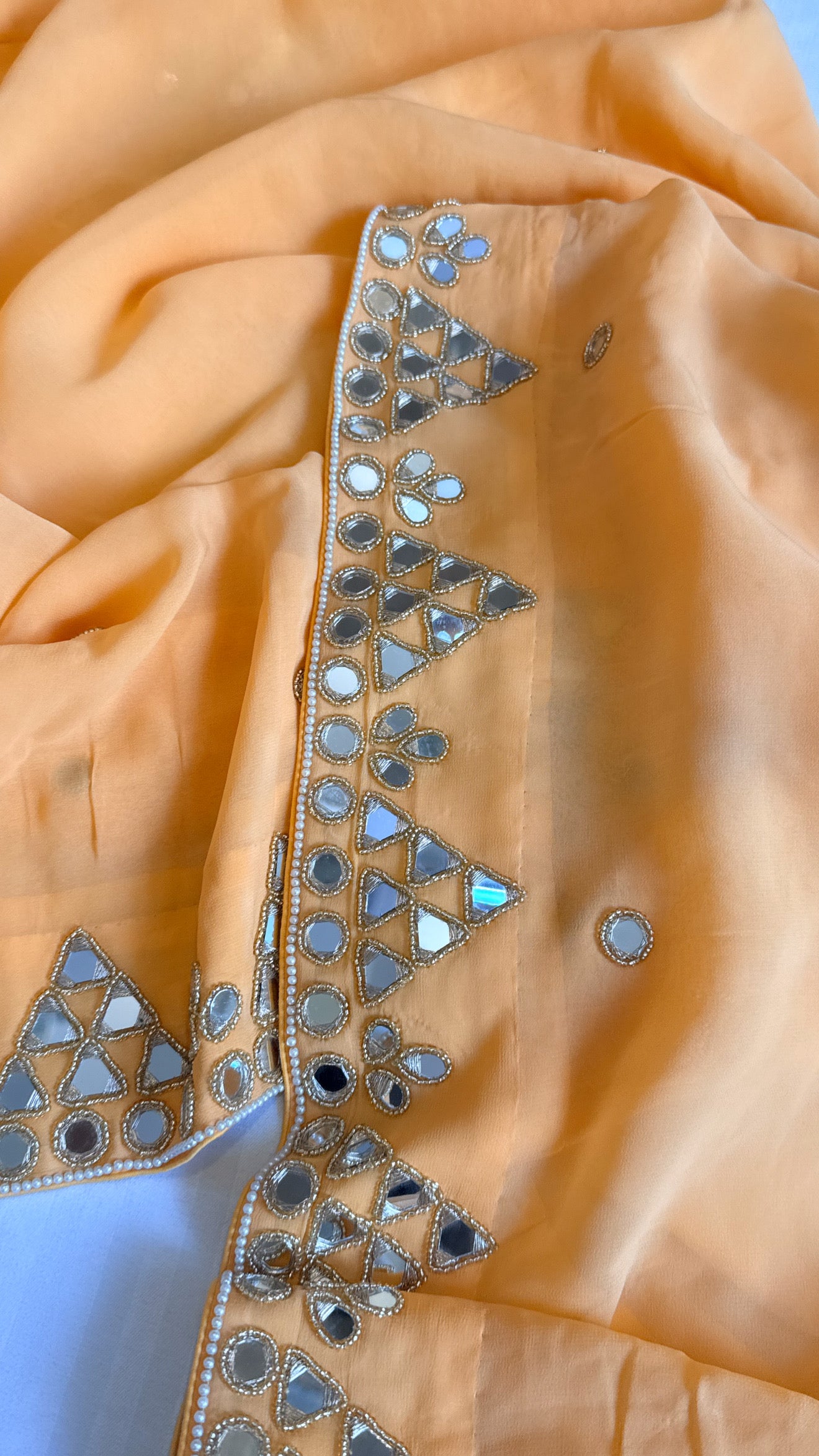 Mother’s Day offer - Candy peach chiffon gorgette mirrorwork hand embroidered sarees