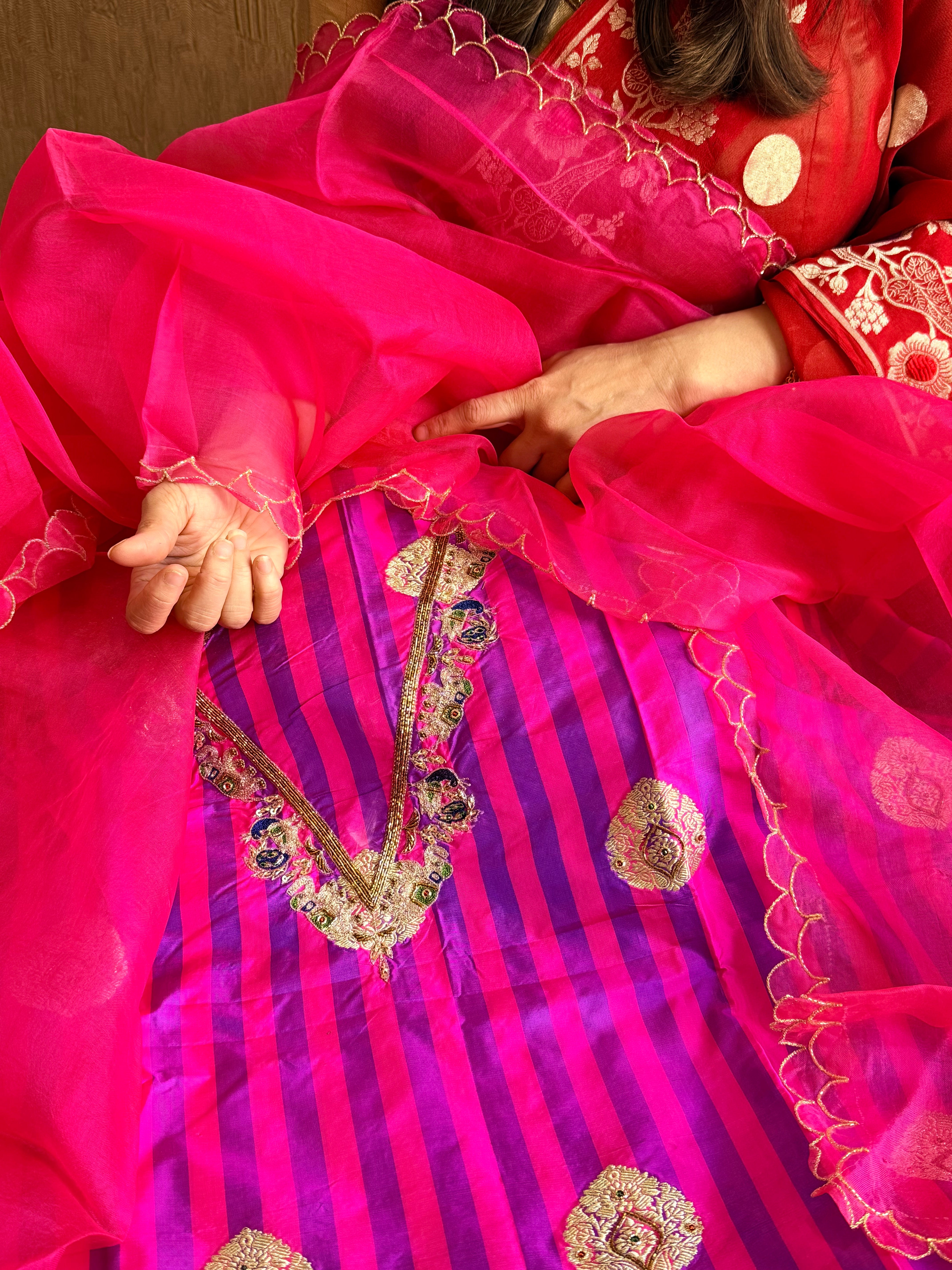 Katan silk hand embroidered dhup chao effect kadhwa suit set