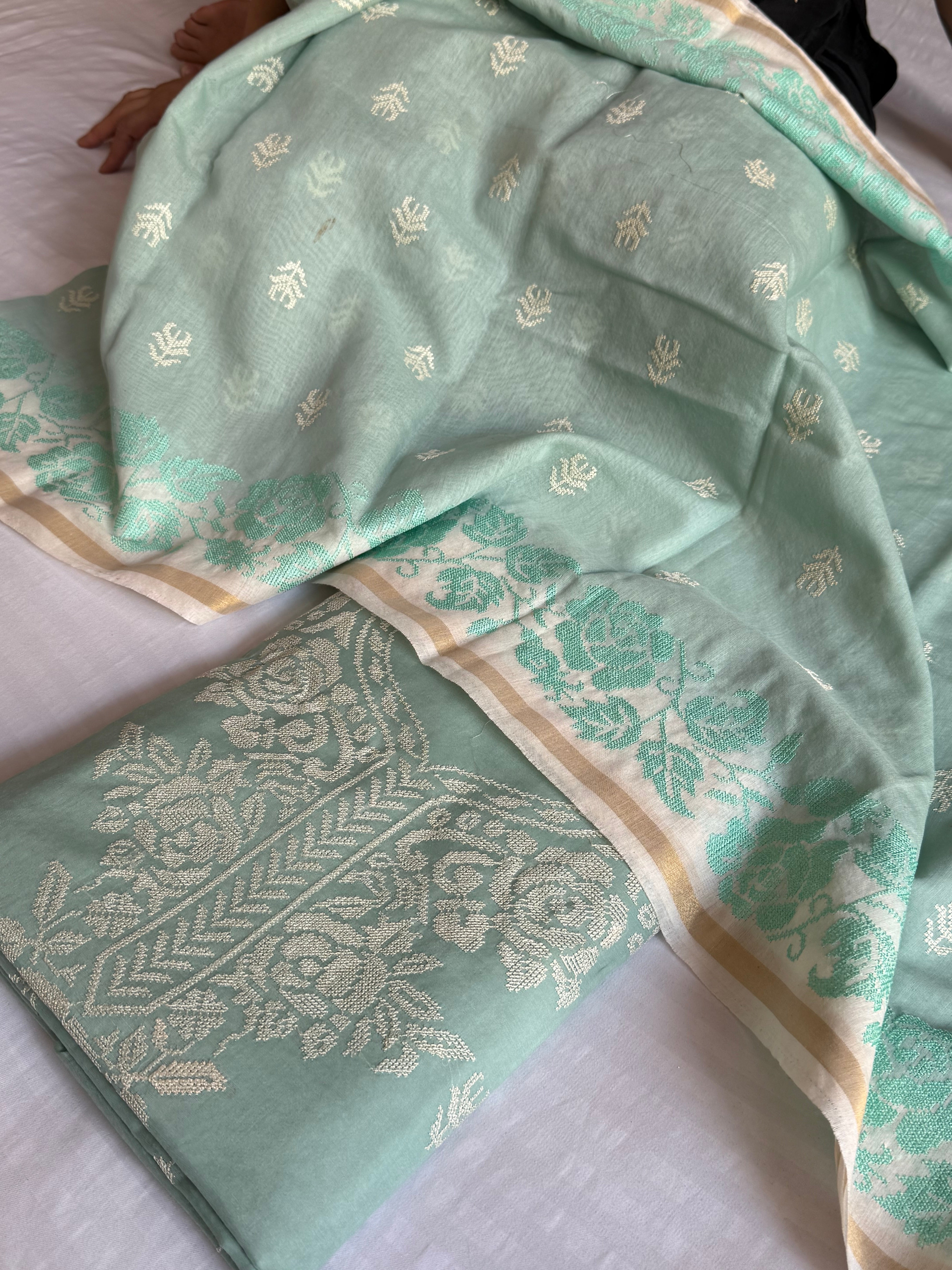 Fresh aqua green mul cotton cross-stitch hand embroidered suit set