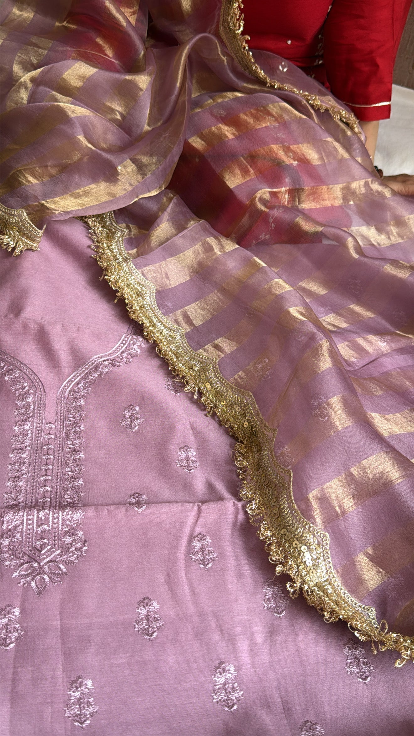 Banarasi cotton silk hand embroidered kurta paired with kora tissue striped duppata set