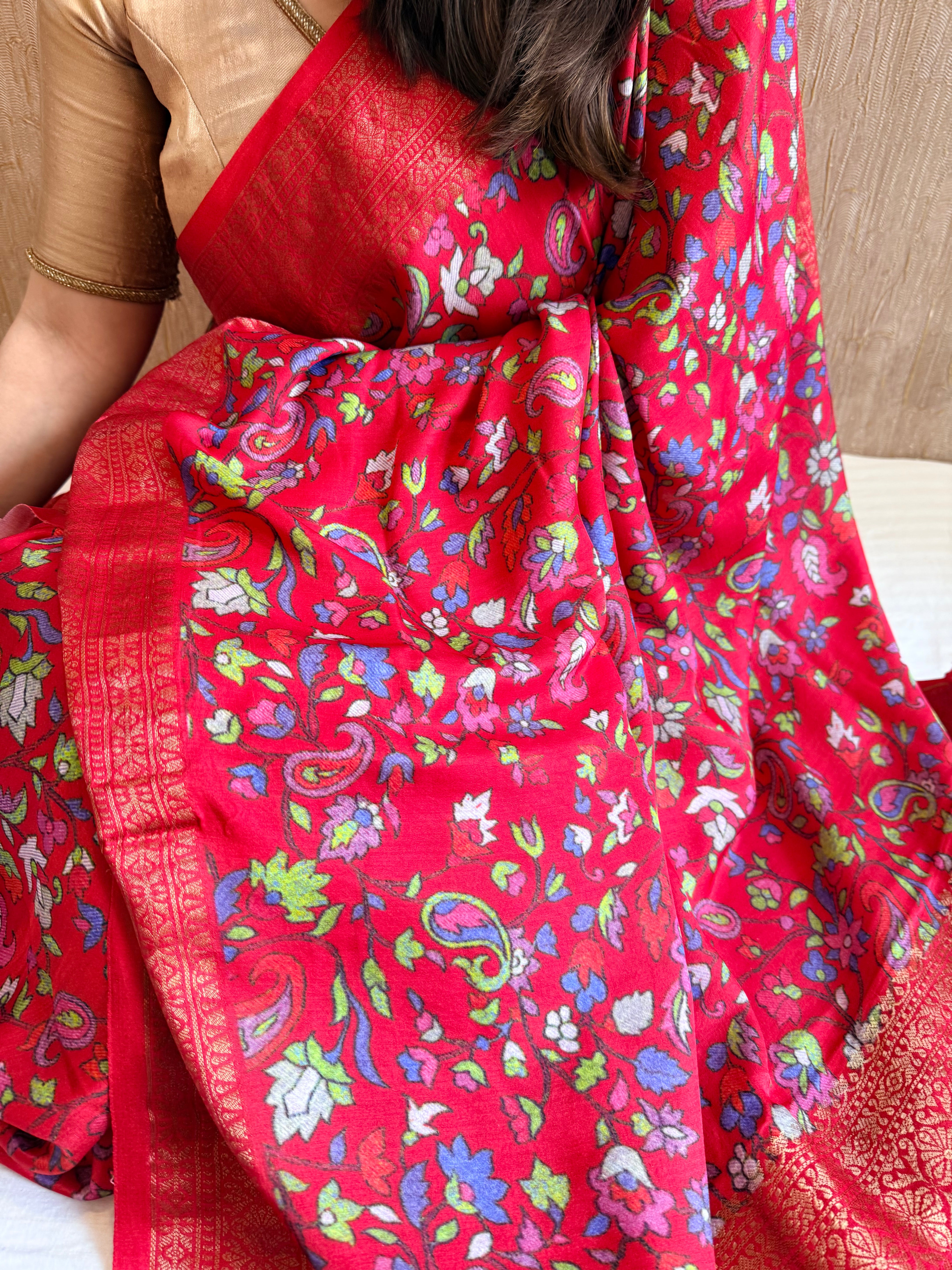 Banarasi mashru satin silk kani weaving printed cherry red saree