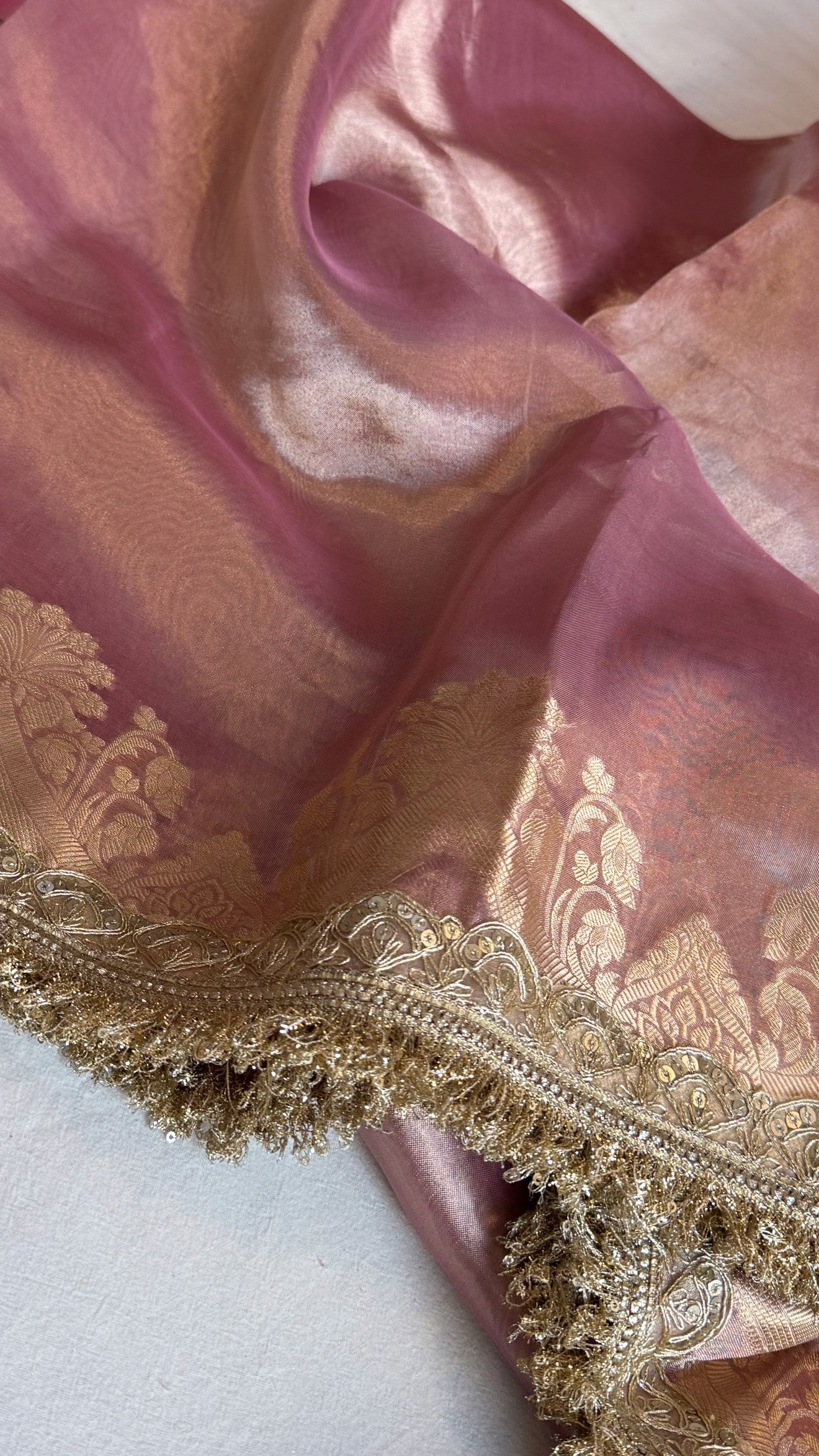 Maharani pastel blush pink tissue silk kadhwa saree