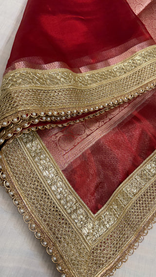 Maharani metallic ruby red tissue silk kadhwa saree