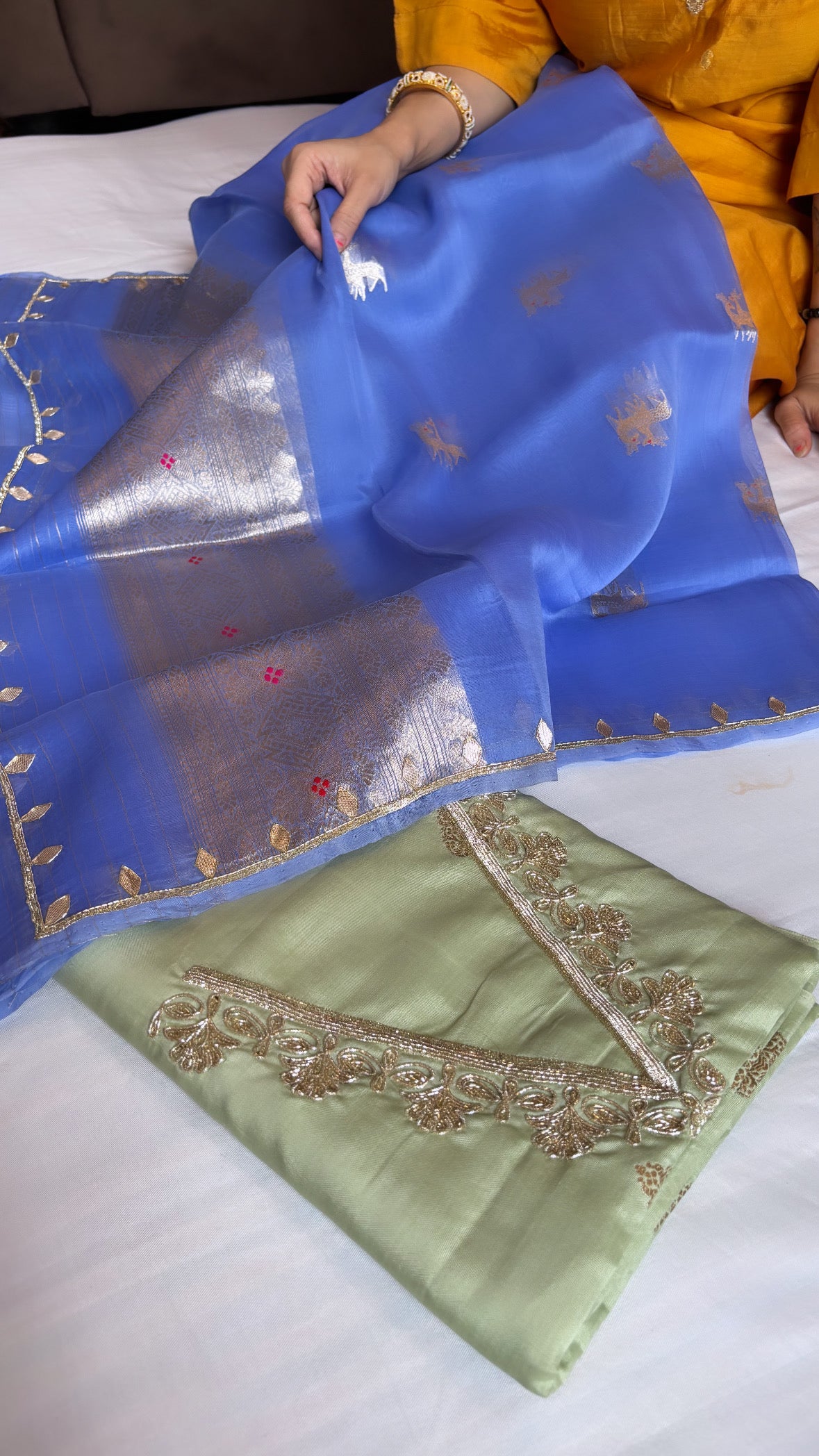 Mint green-persian blue hand embroidered silk suit set from vyaah wala ghar edit