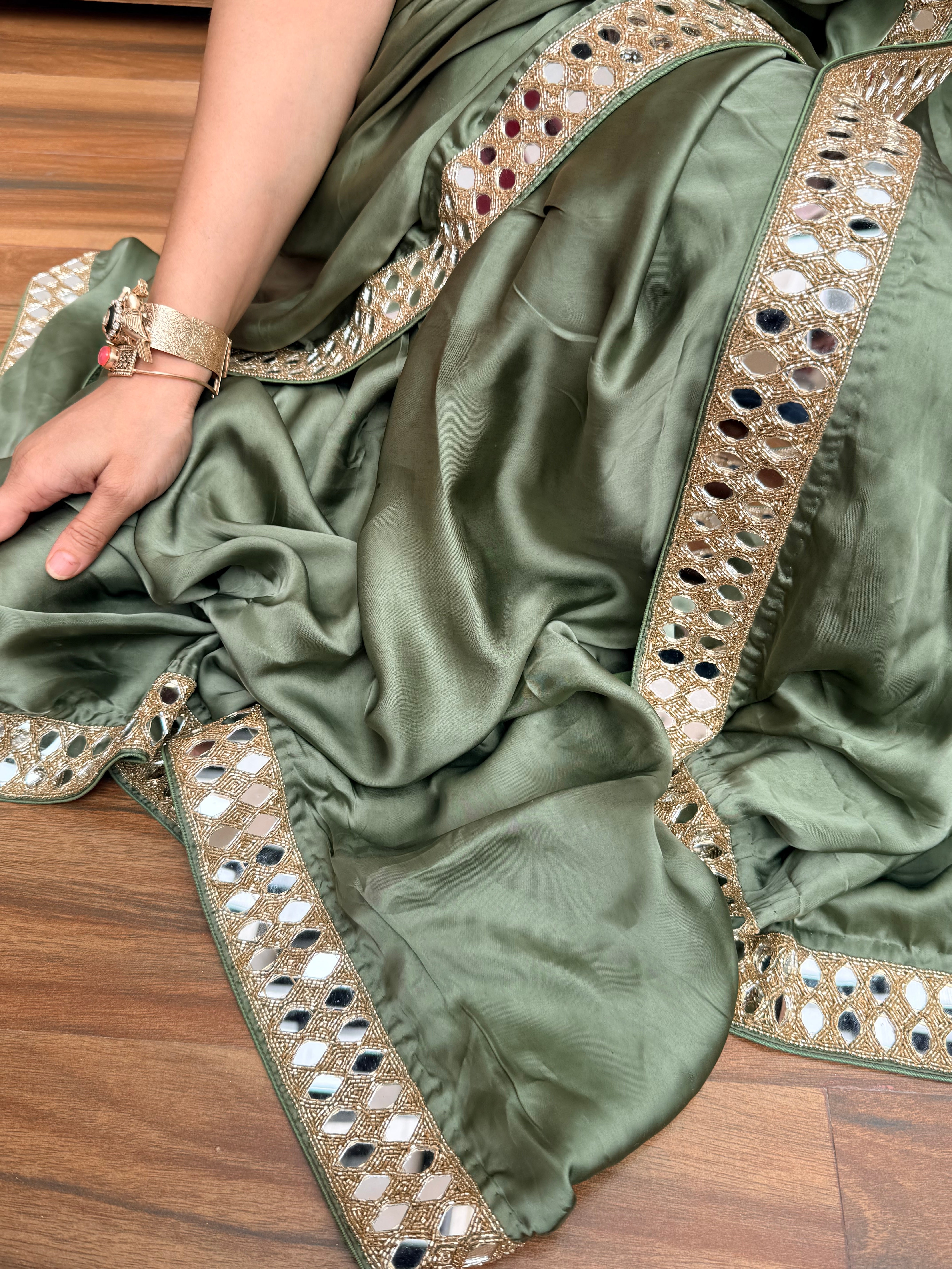 Tyohaar edit - Olive green mashru satin silk mirrorwork kadhwa saree
