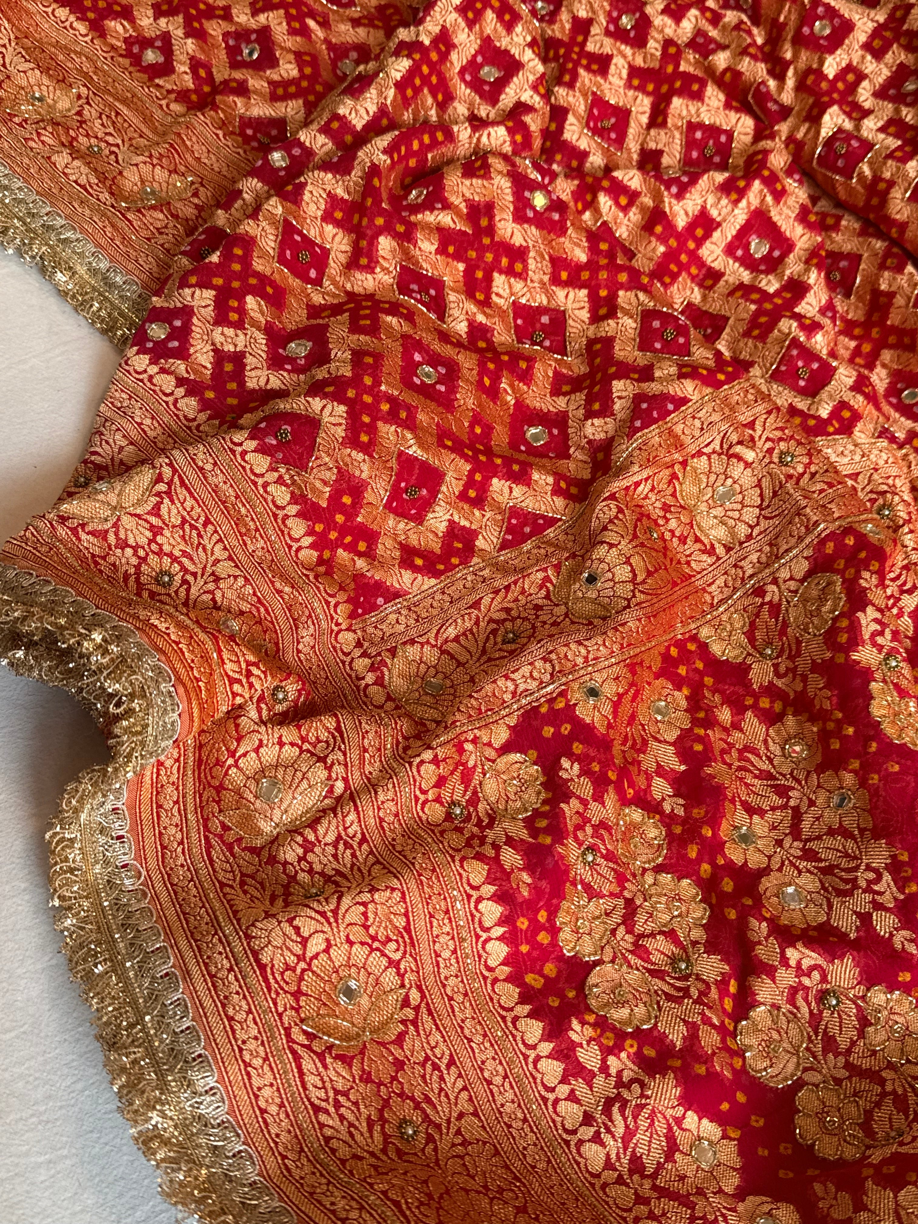 Banarasi chiffon gorgette rai bandhej kadhwa weaving hand embroidered saree