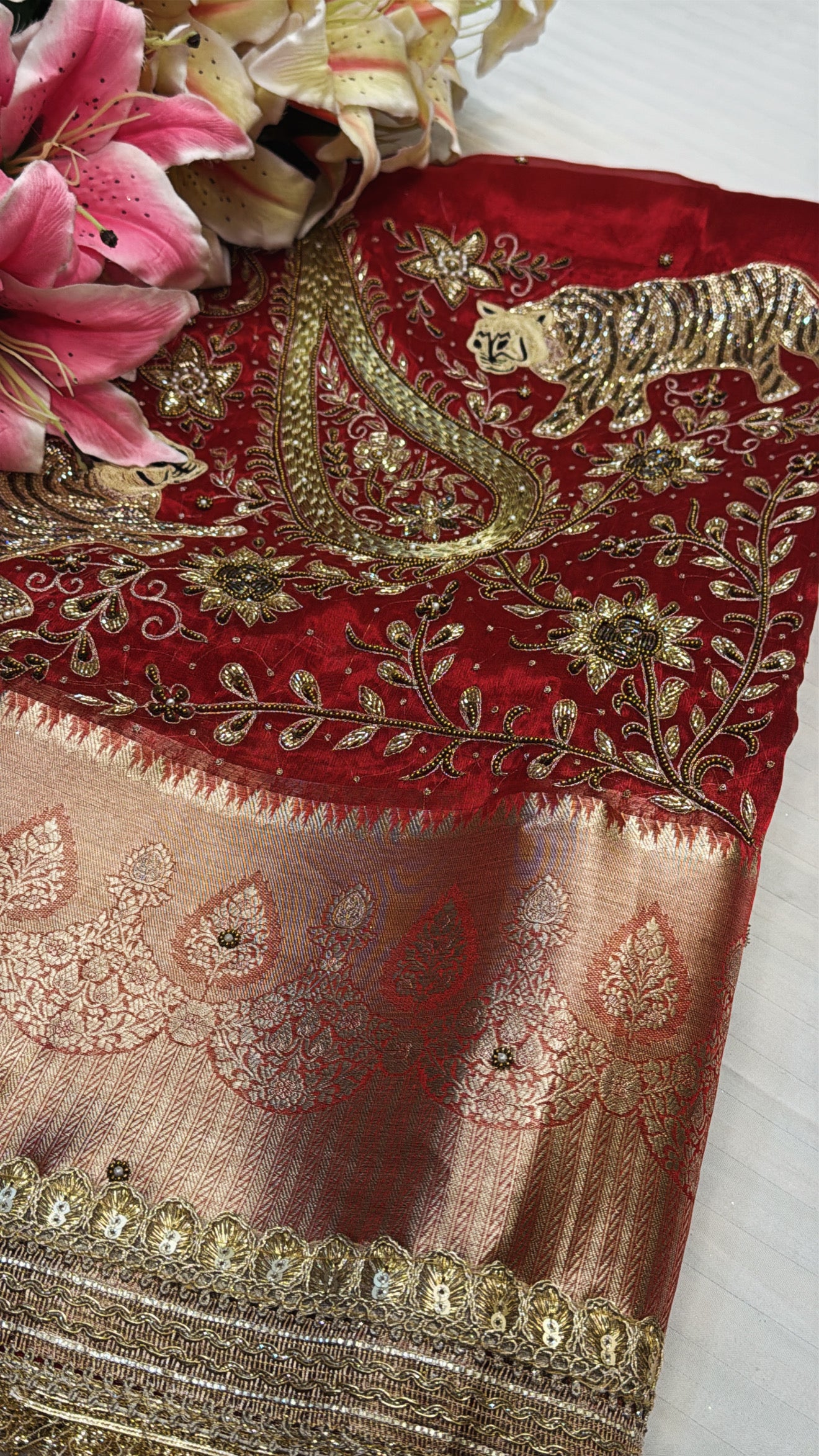 Red special - Husn metallic red tissue silk tiger motif hand embroidered kadhwa saree