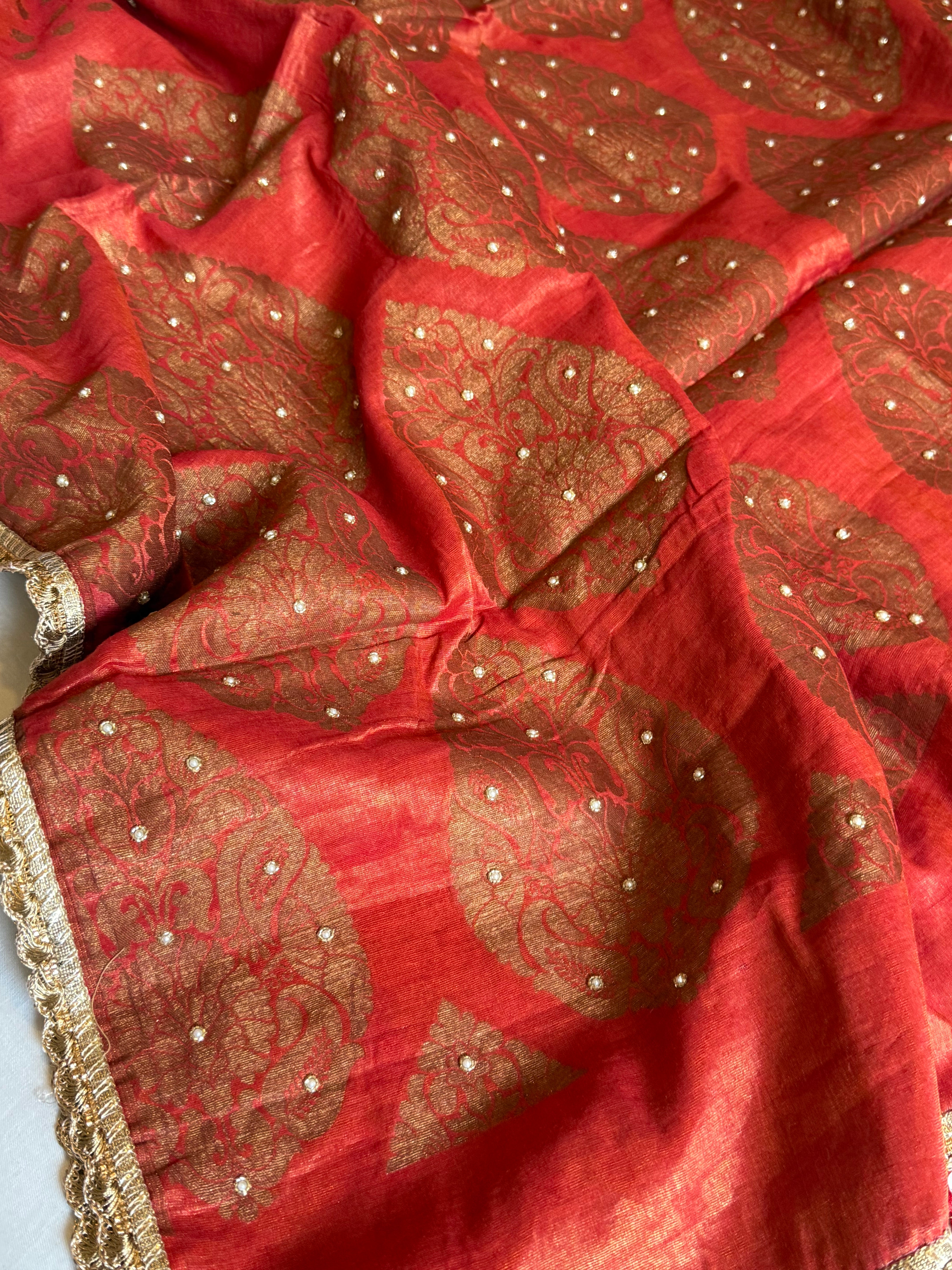 Chilly red tissue gorgette kadhwa antique zari hand embroidered saree