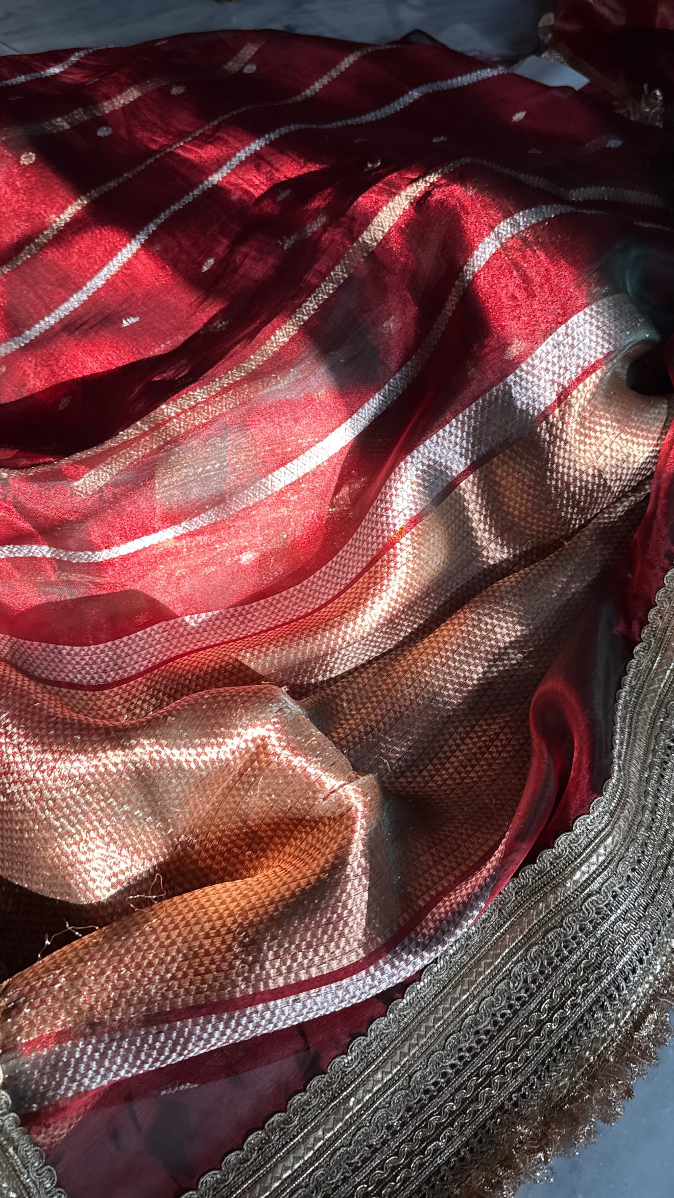 Teej special - Crimson red tissue silk striped and buti maharani saree