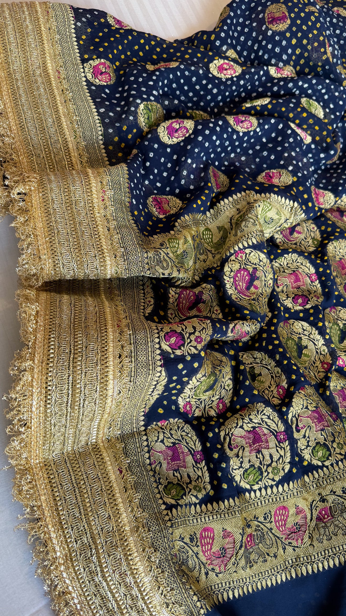 Persian blue banarasi gorgette kadhwa meenakari bandhej saree