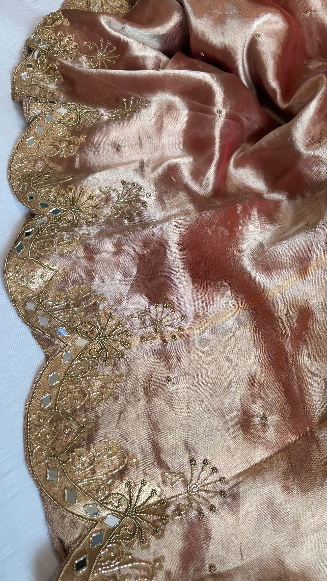 Husn cherry peach tissue silk heavy zardozi hand embroidered saree