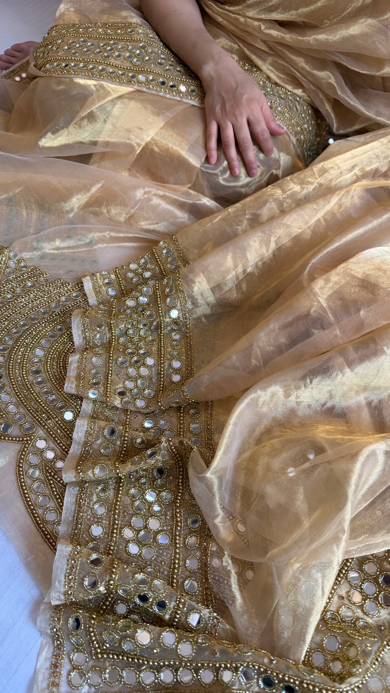 Mirror work edit - Champagne gold tissue silk mirror work heavy banarasi border saree