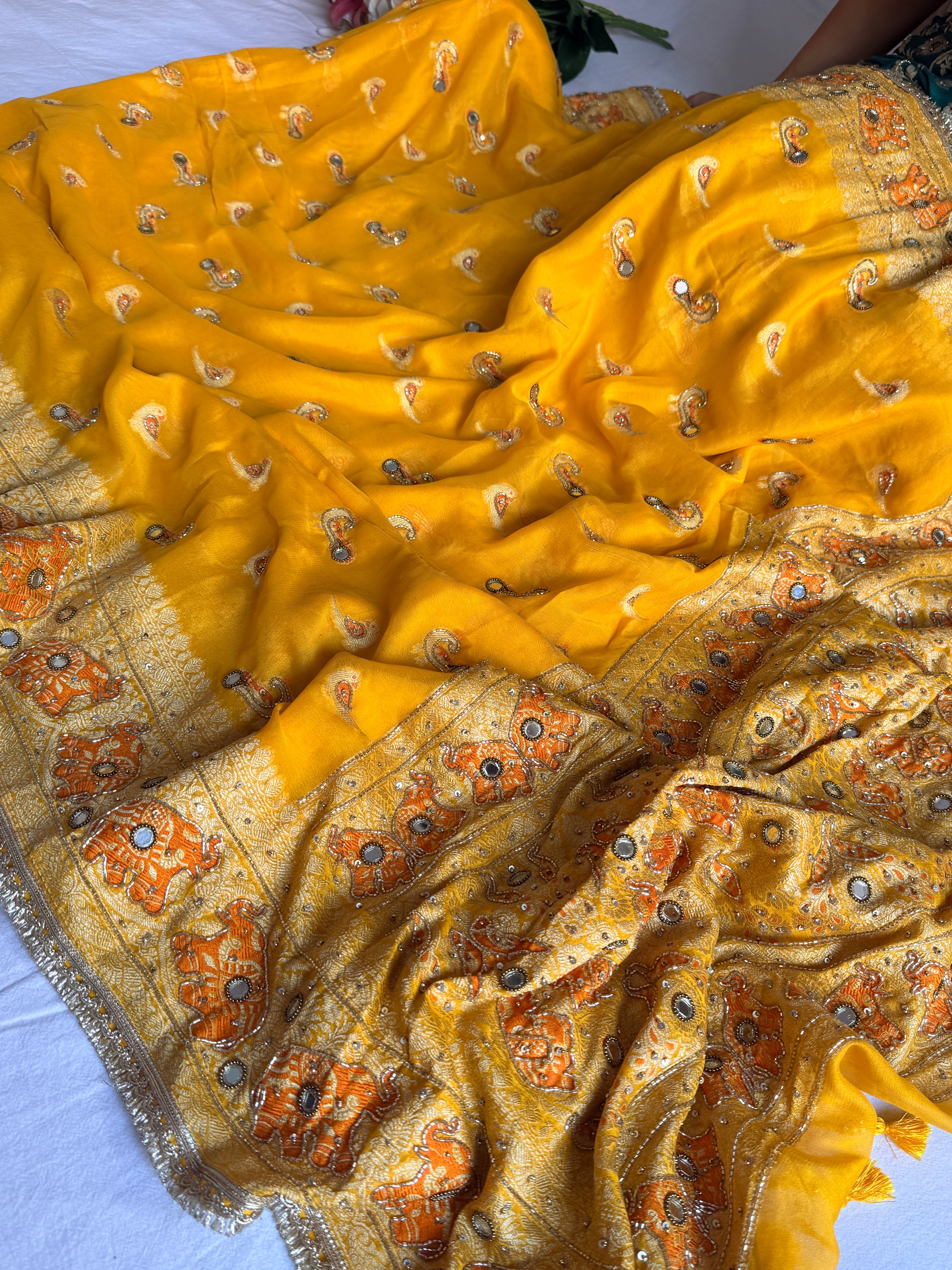 Banarasi chiffon gorgette kadhwa weaving hand embroidered saree