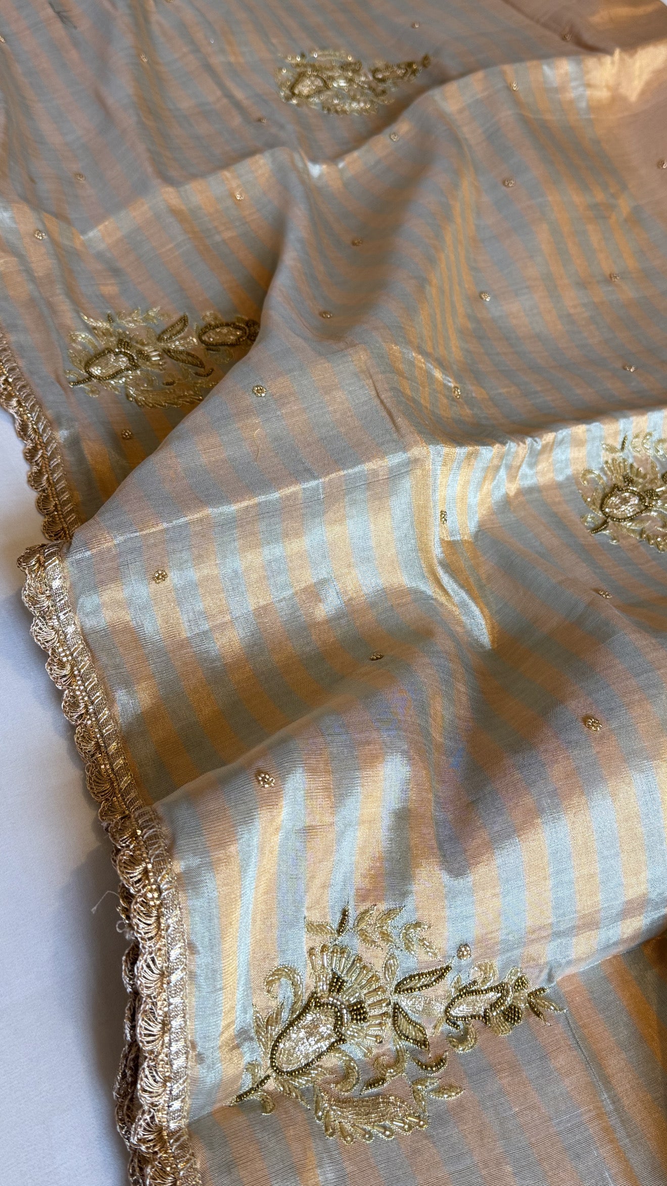 Golden satin tissue silk heavy hand embroidered kadhwa saree
