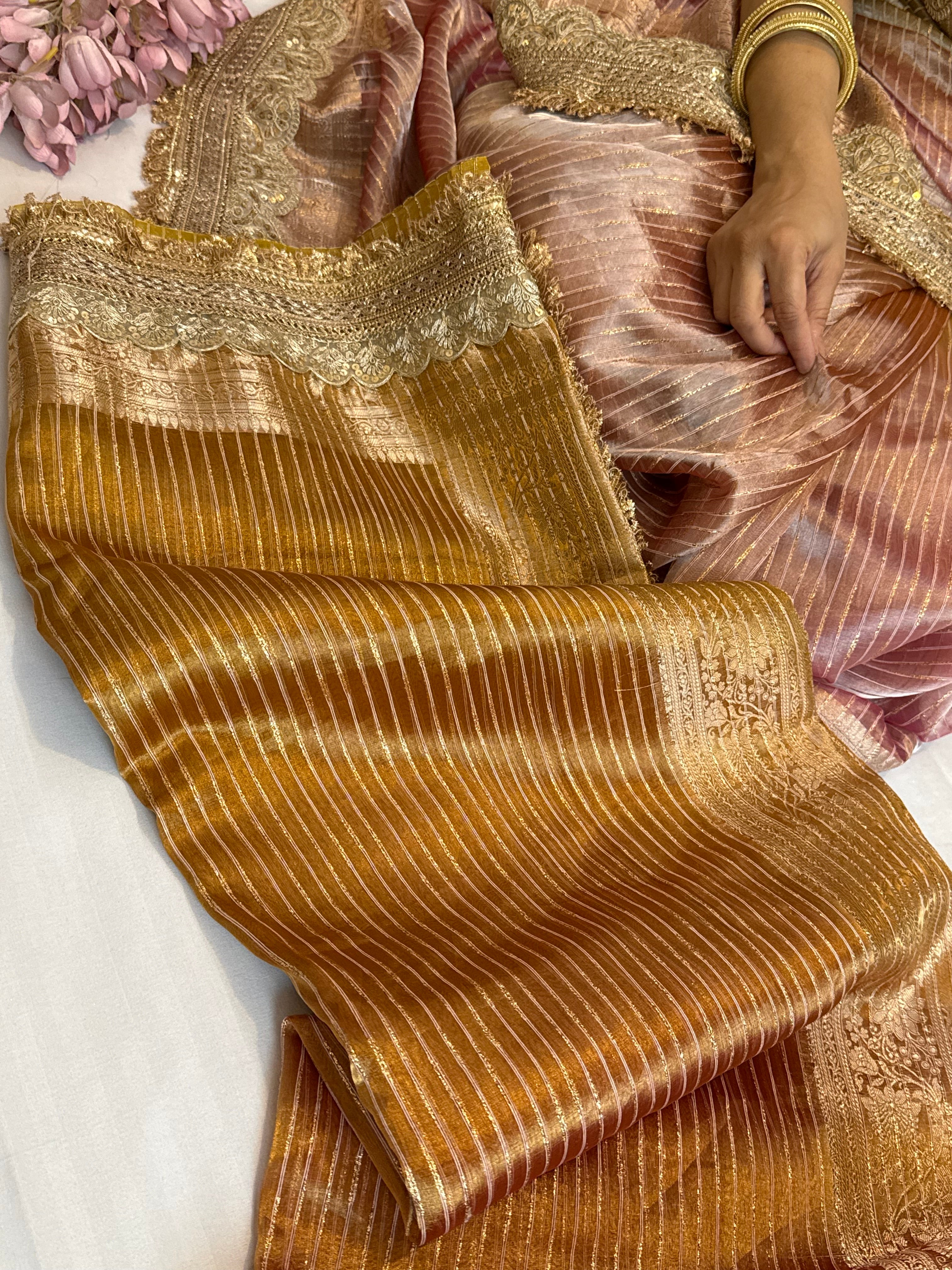 Maharani rang birangi tissue silk zari striped kadhwa saree
