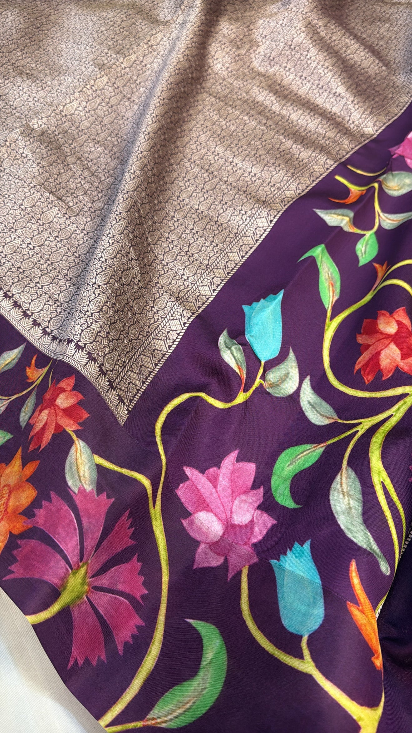 Wine banarasi brocade silk floral satin border kadhwa weaving saree