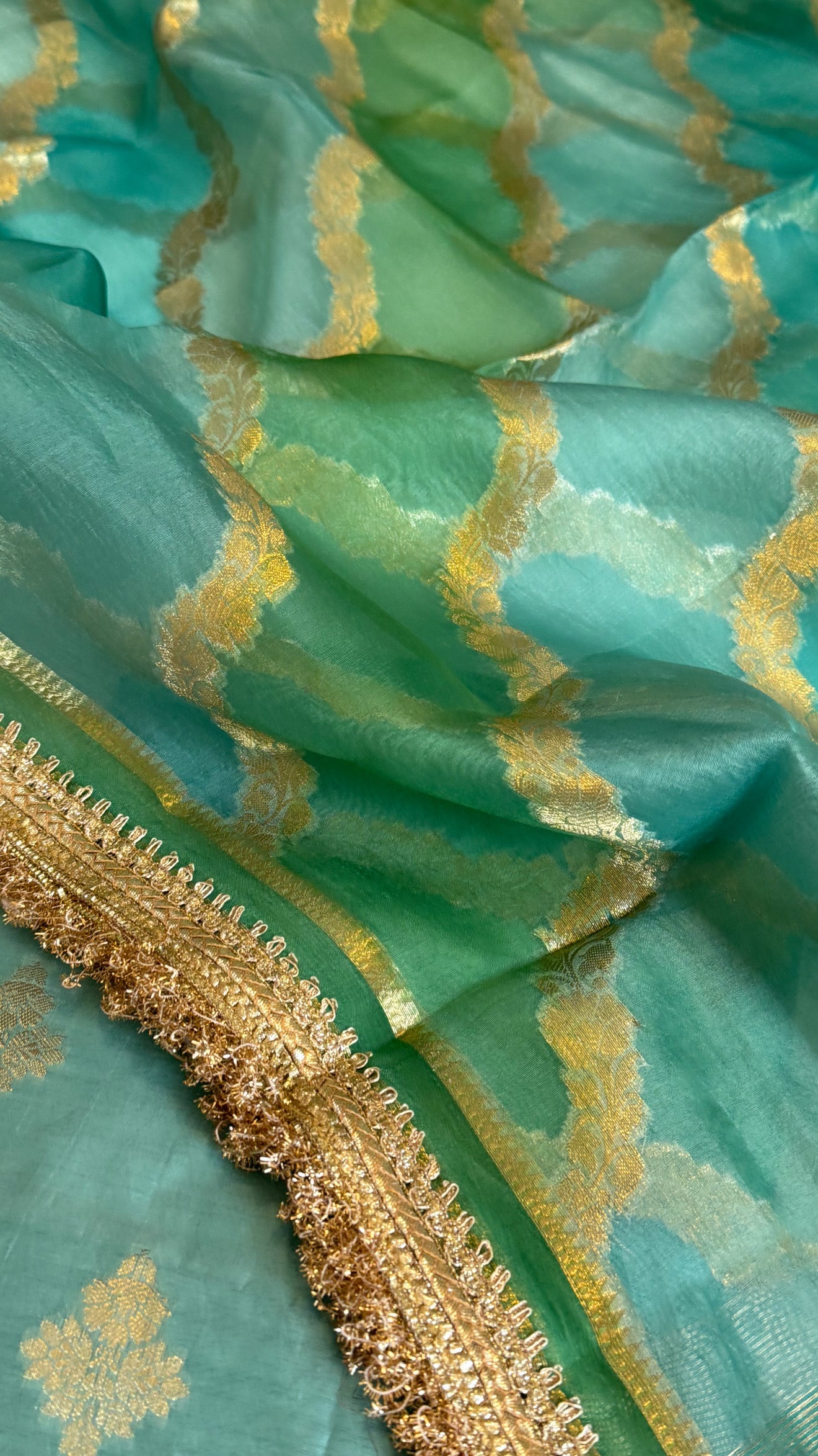Shades of rama green - Kora silk rangkaat duppata paired with silk kurta set