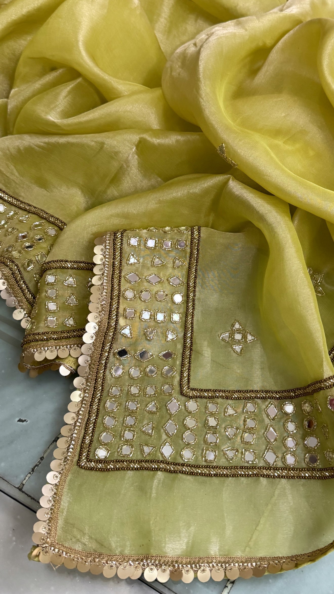 Engagement wali saree - Lime green mirror work hand embroidered kadhwa saree