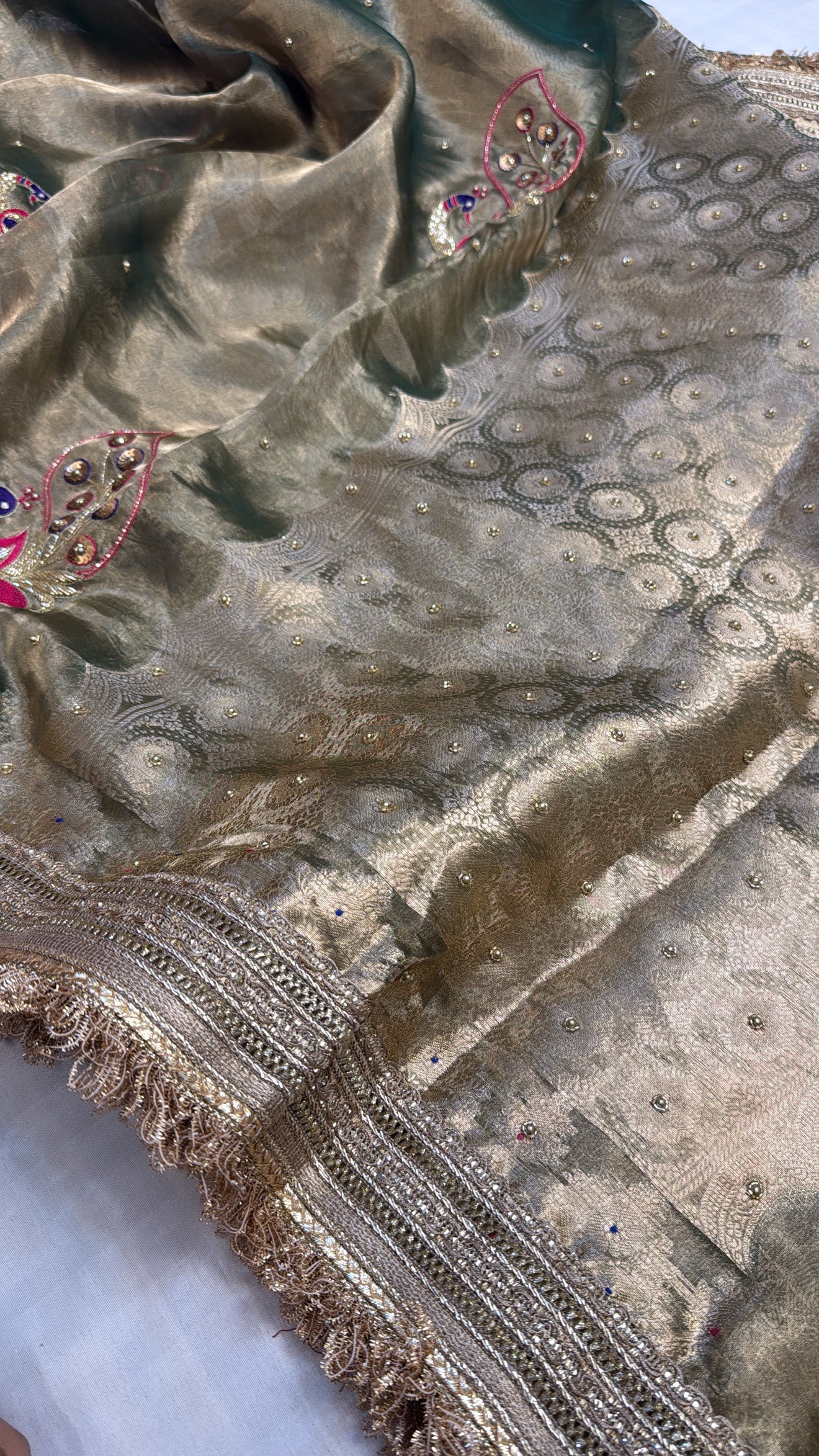 Mint green tissue silk heavy hand embroidered kadhwa saree