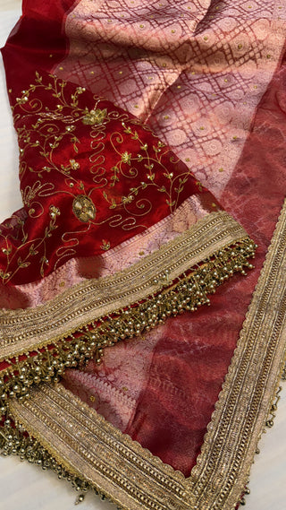 Trousseau edit — Hot blood red husn tissue silk hand embroidered saree