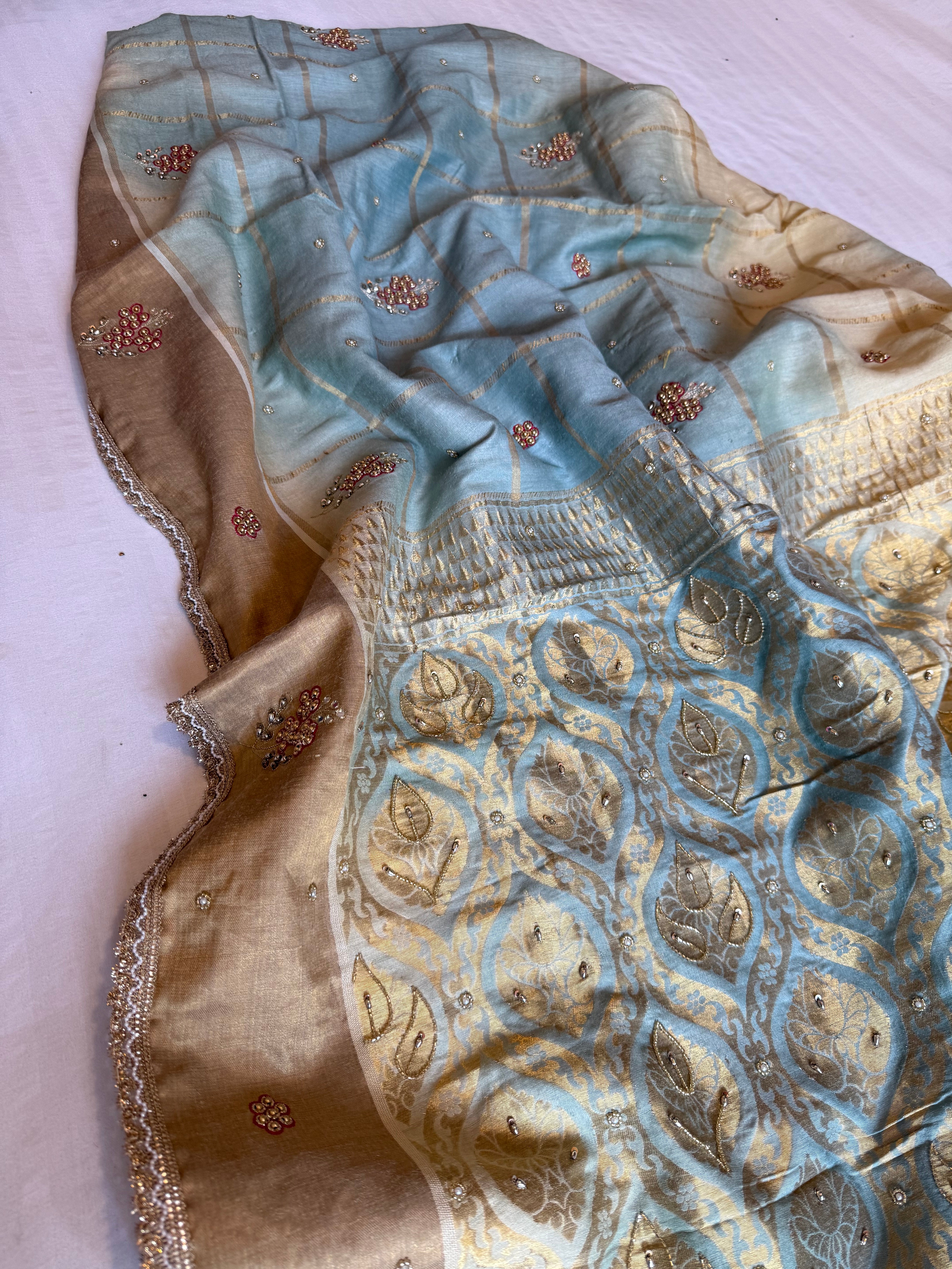 Ice blue ombre shaded moonga tussar silk kadhwa hand embroidered saree