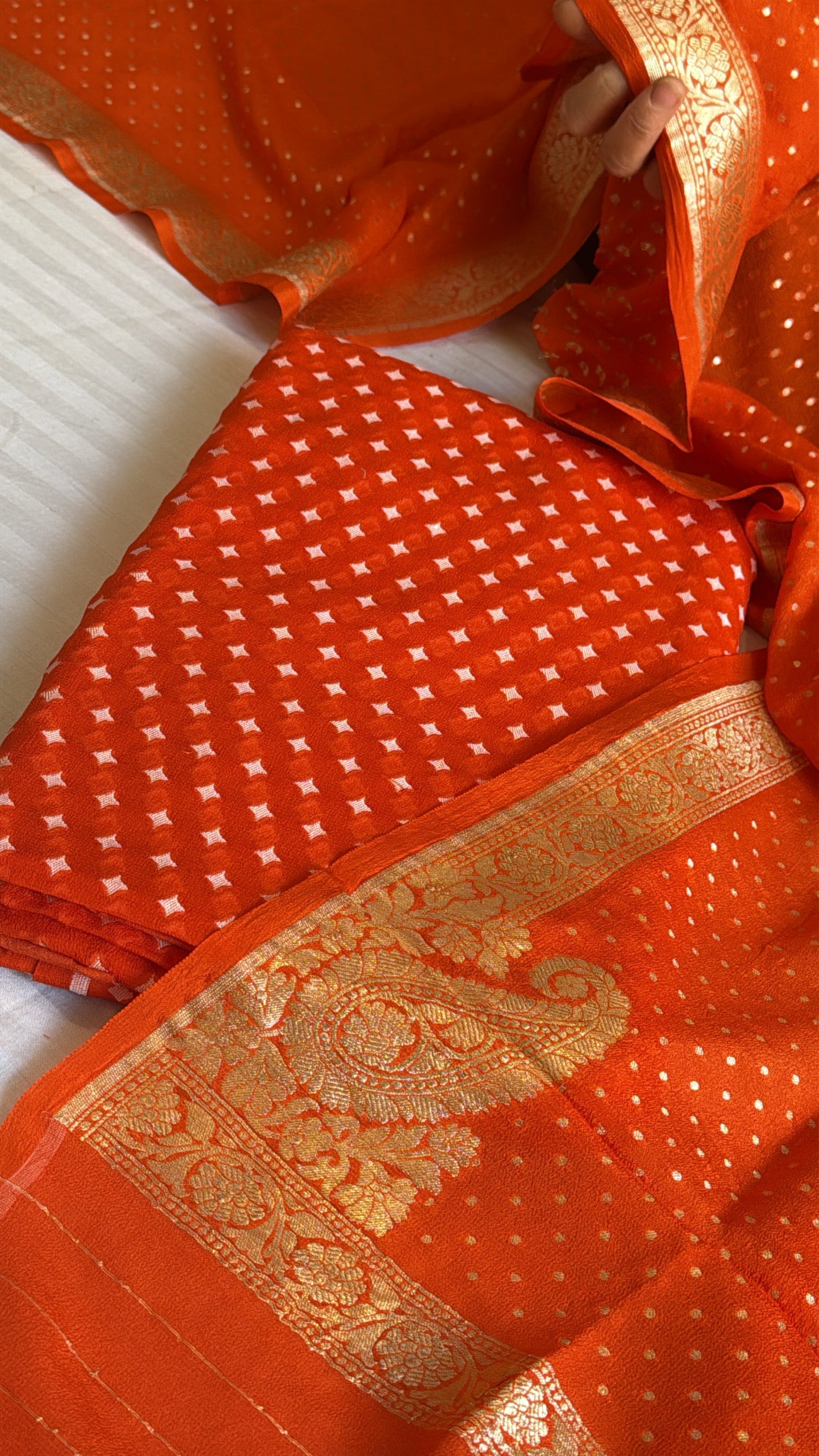 Vivah edit - Fanta orange chiffon gorgette chunri buti banarasi suit set