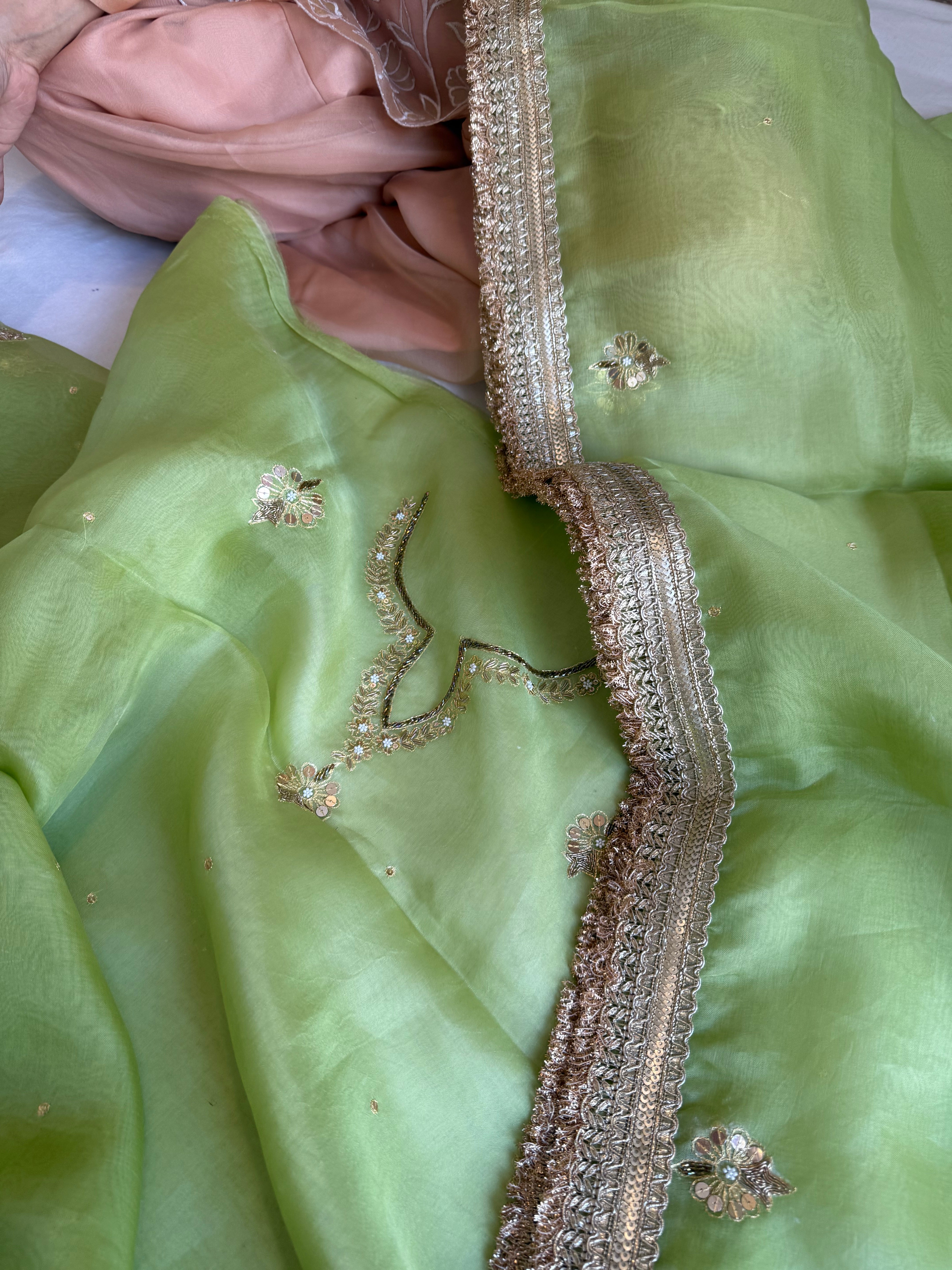 Aari and tilli kora silk hand embroidered grass green kadhwa suit set