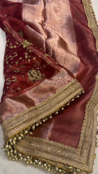 Trousseau edit - Reddish-brown husn tissue silk saree heavy hand embroidered saree