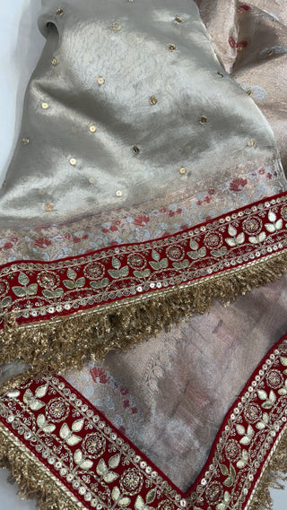 Diamond tissue silk chunri buti hand embroidered panetar saree