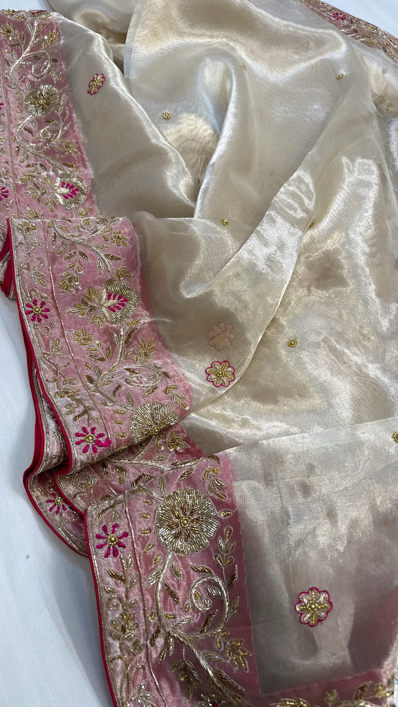 Gulab ki pankhuri husn tissue silk heavy zardozi hand embroidered border saree