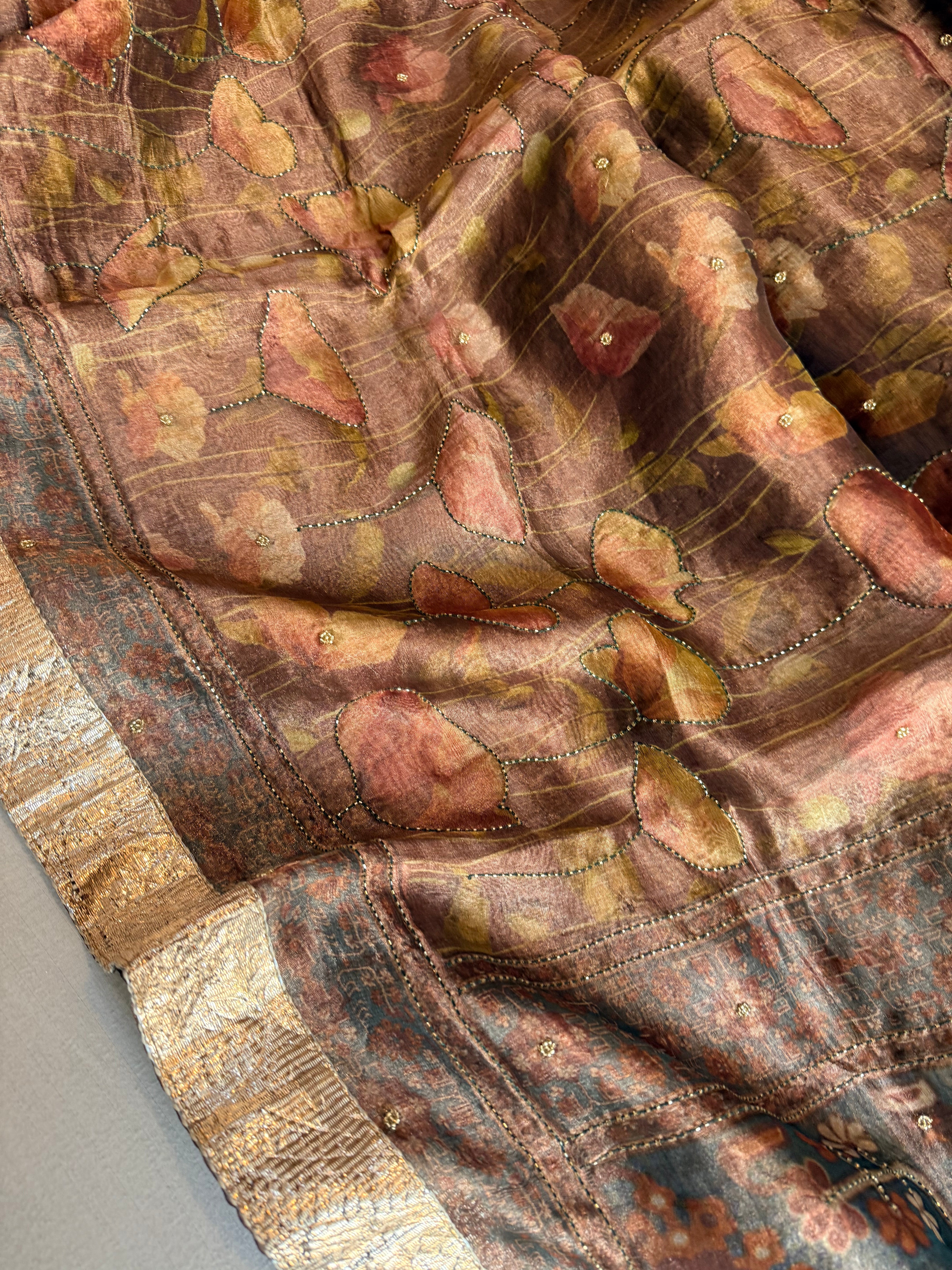 Printed tissue silk hand embroidered kadhwa gotapatti saree
