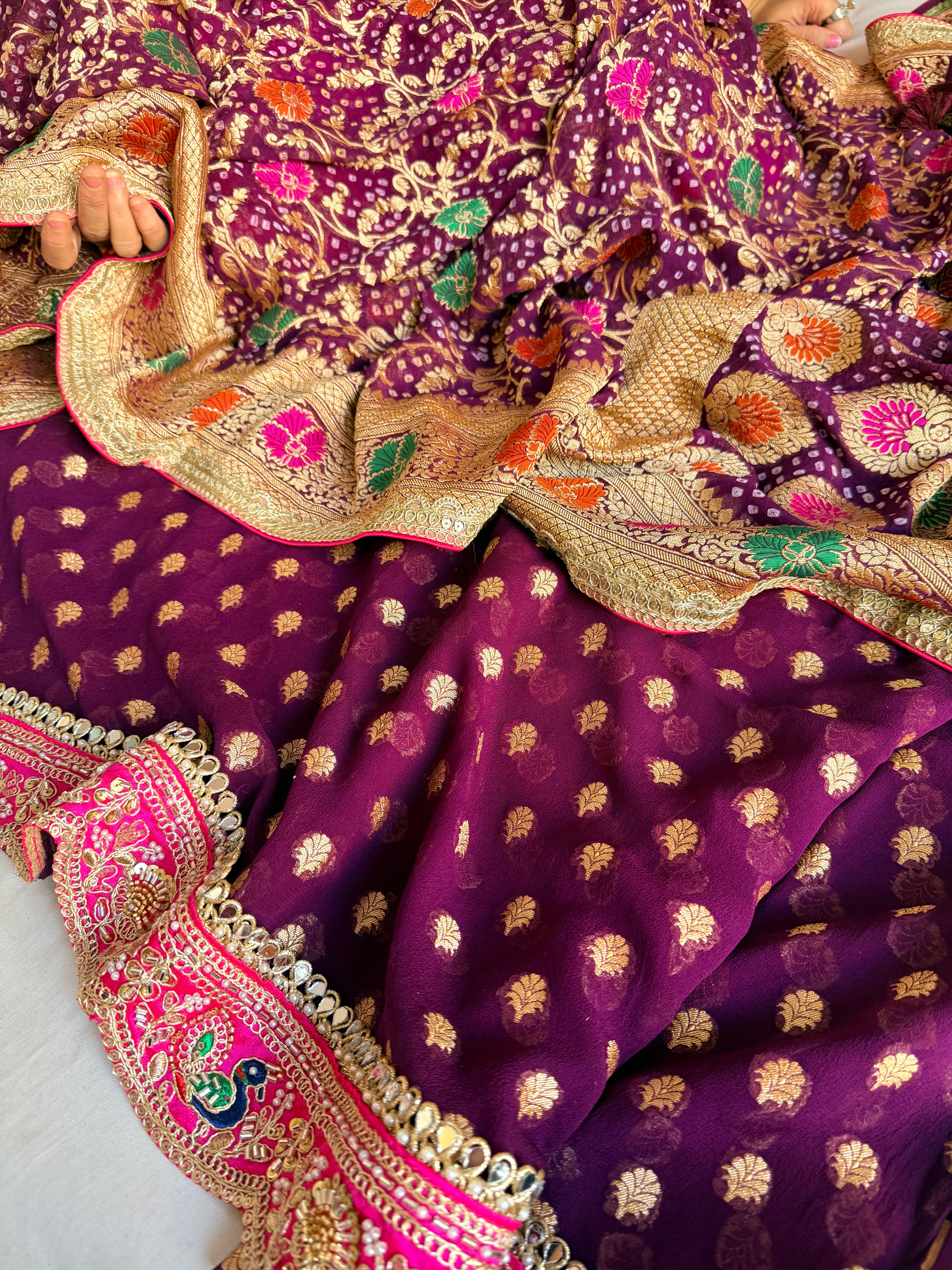 Rai bandhej plum purple banarasi chiffon gorgette gotapatti suits