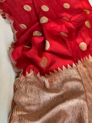 Mastani edit - Blood red moonga silk scalloped hand embroidered kadhwa saree