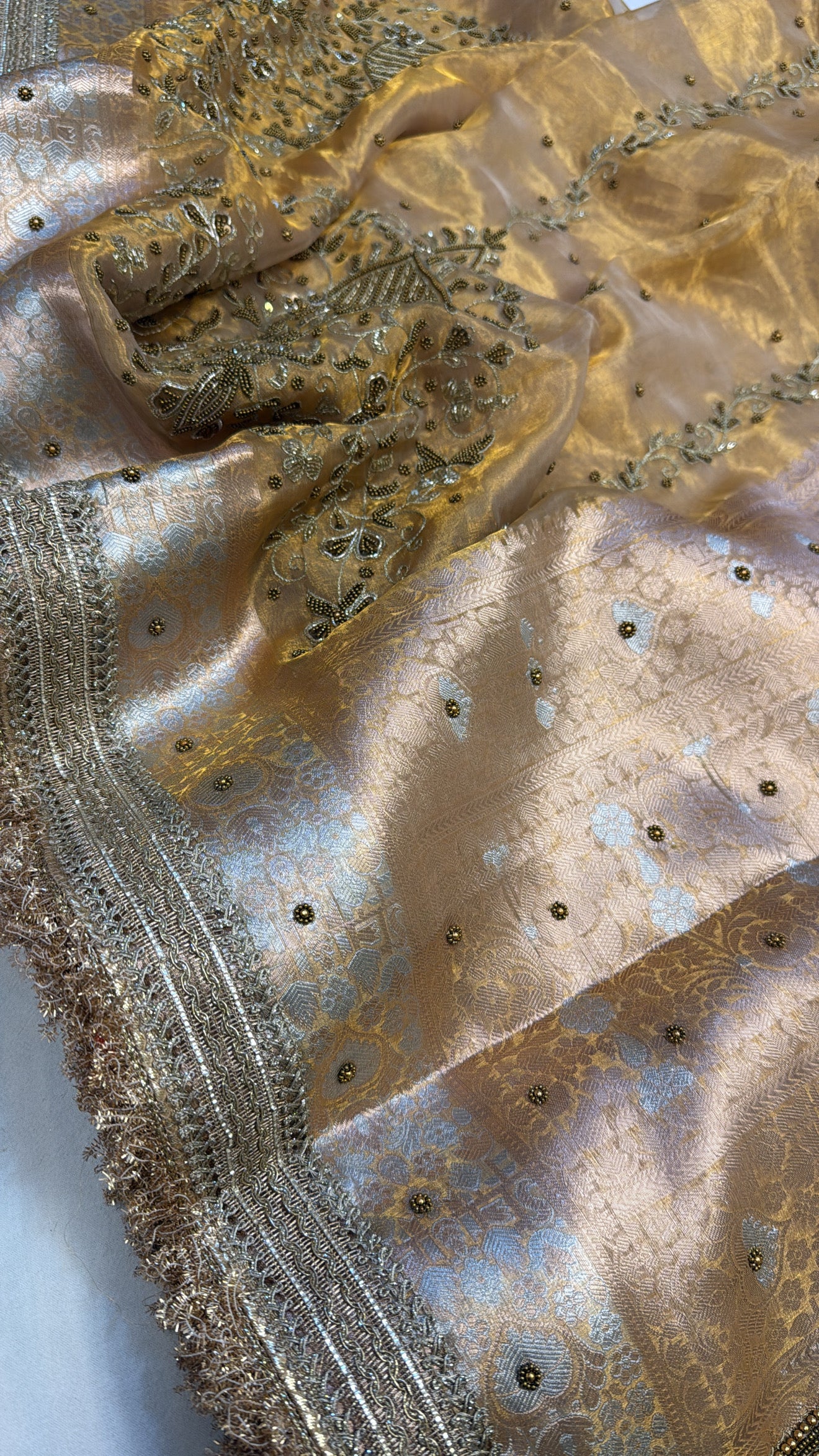 Golden husn tissue silk hand embroidered kadhwa saree