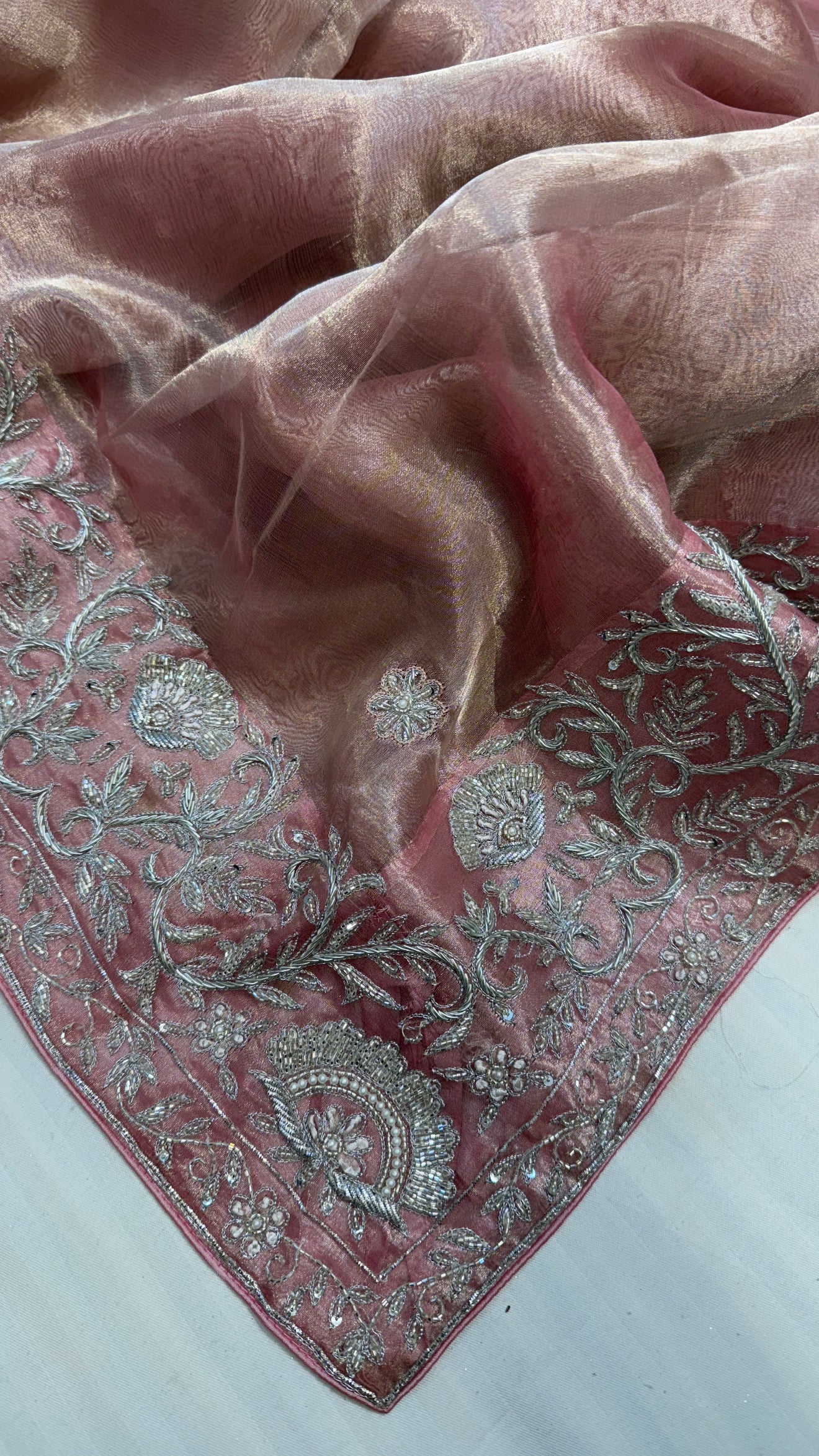 Gulab ki pankhuri husn tissue silk heavy zardozi border hand embroidered saree