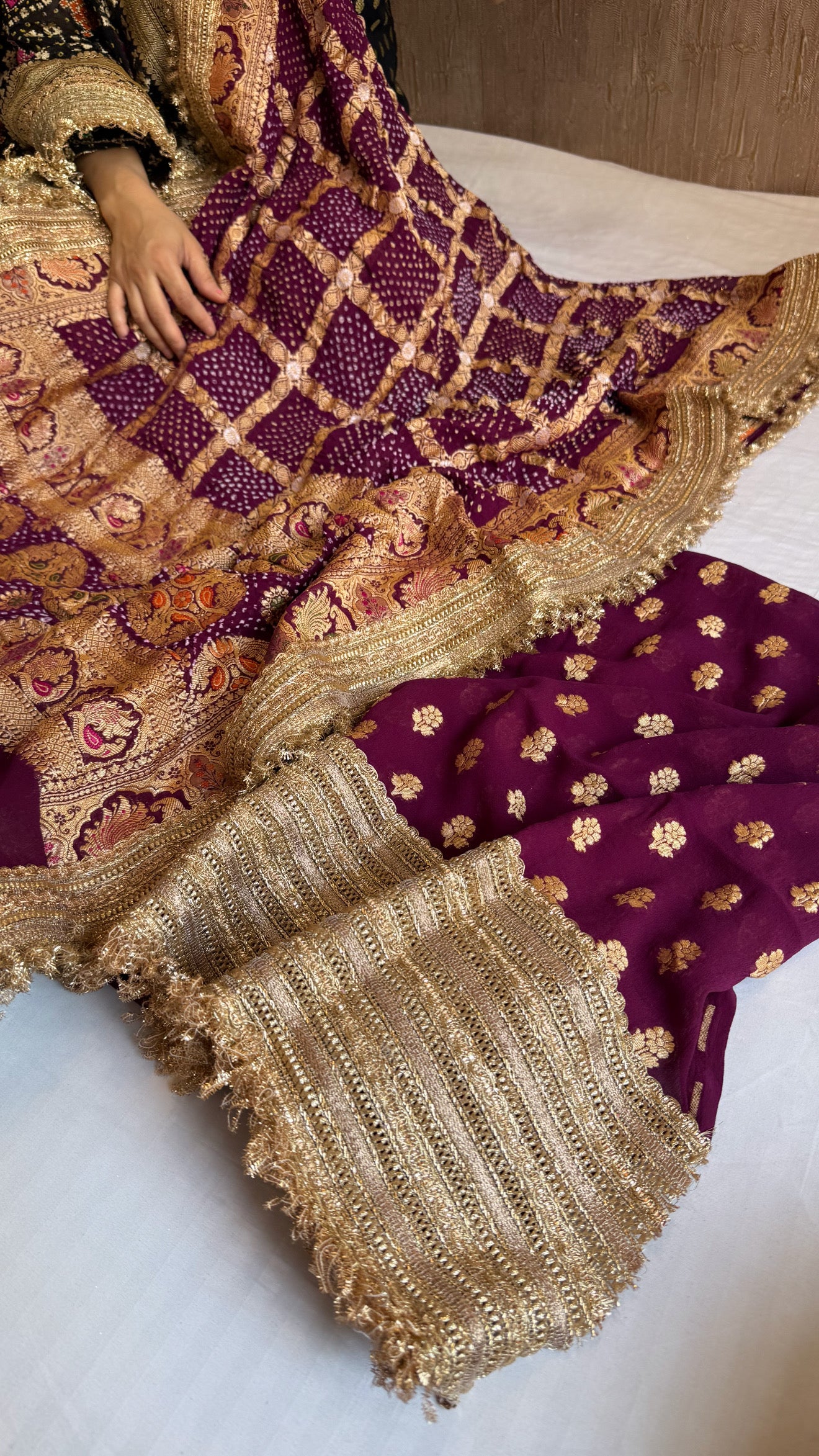 Deep plum-purple rai banarasi bandhej gorgette kadhwa gotapatti suit set