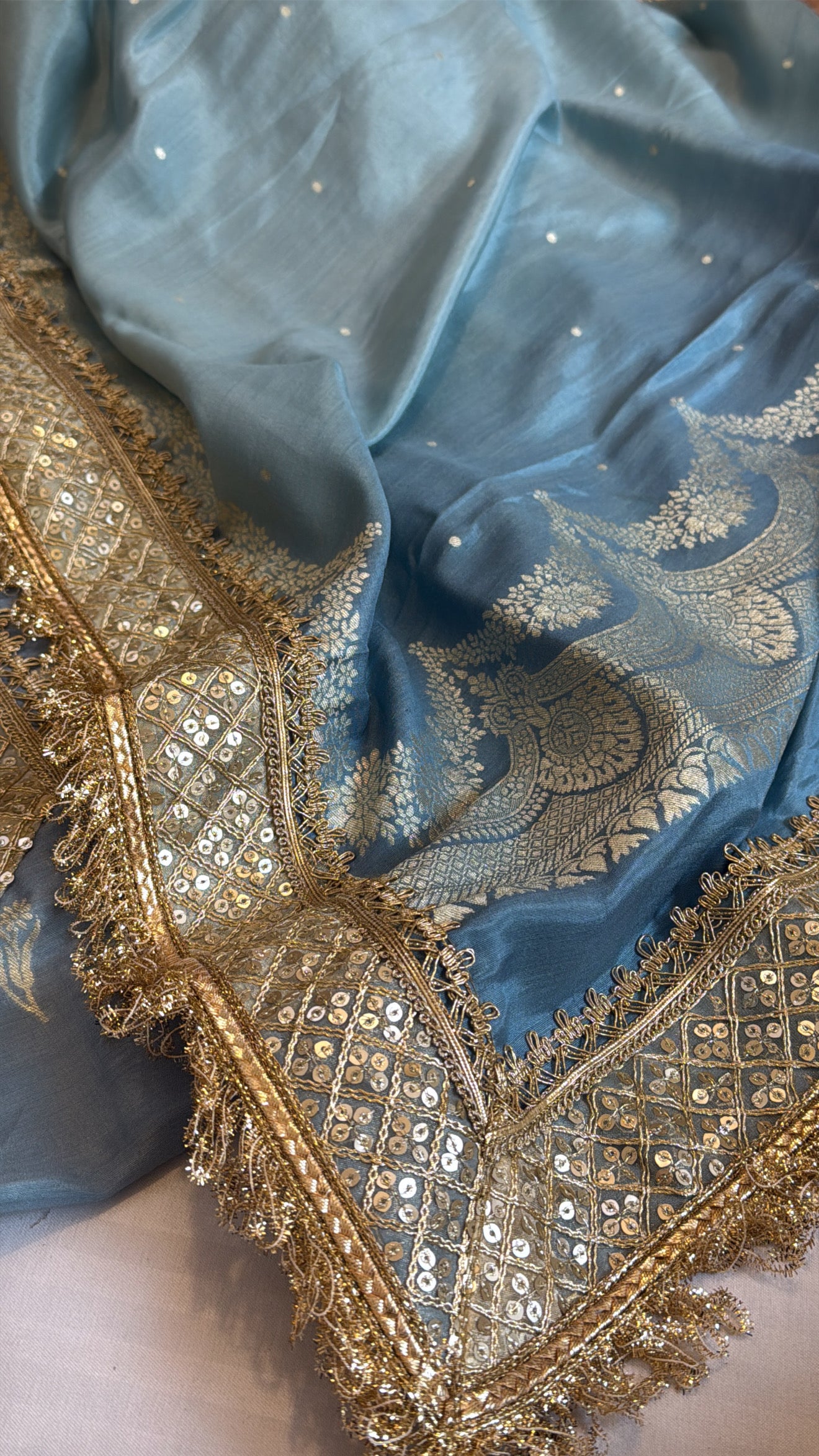 Blush blue ombre shaded moonga silk kadhwa suit set